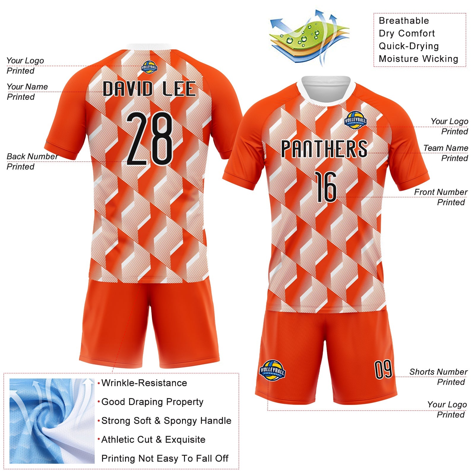 Custom Orange Black-White Geometric Shape Sublimation Volleyball Uniform Jersey view 4