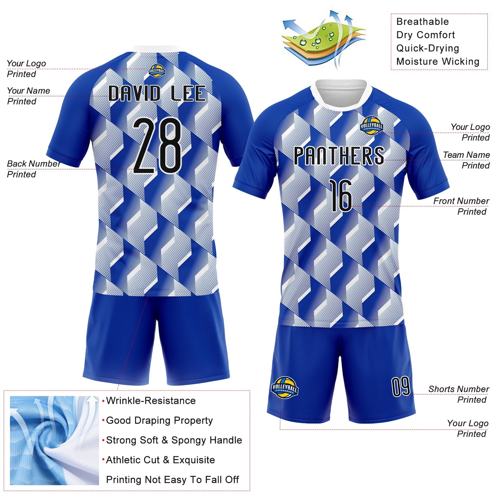 Custom Thunder Blue Black-White Geometric Shape Sublimation Volleyball Uniform Jersey view 4