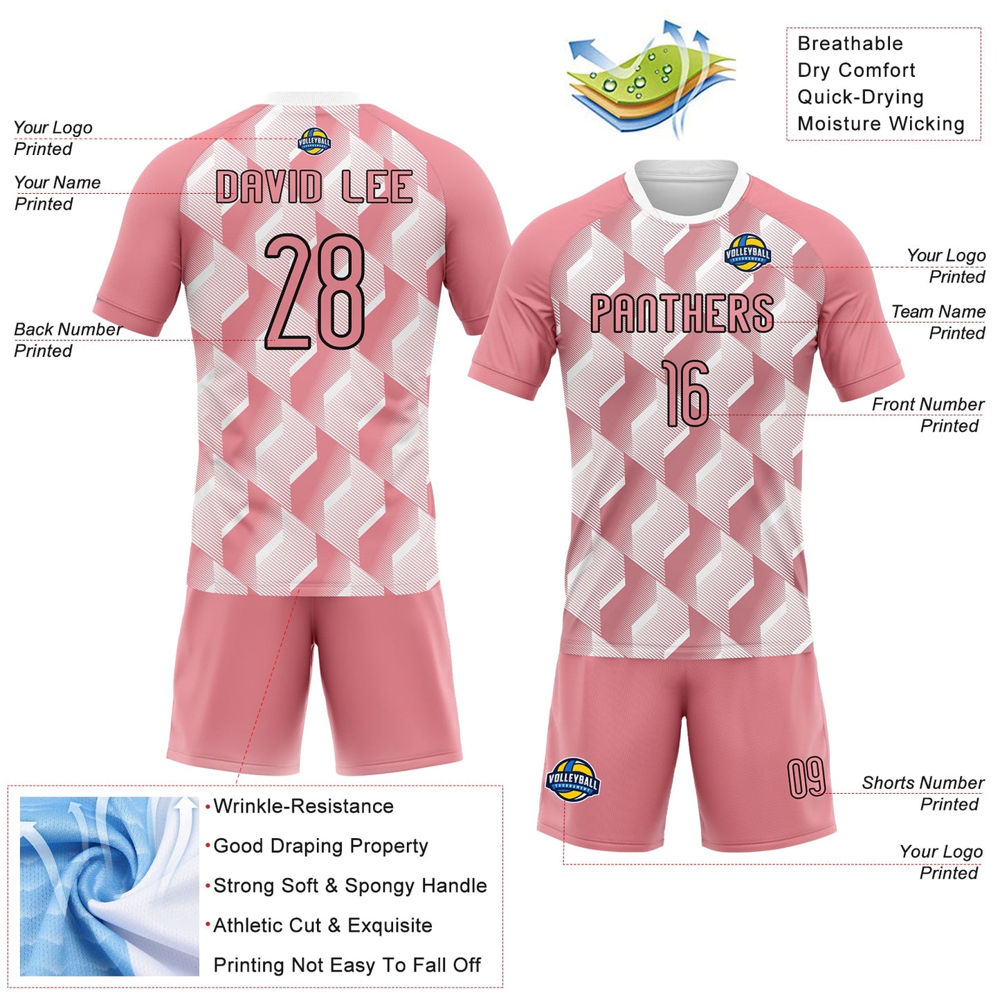 Custom Medium Pink Black-White Geometric Shape Sublimation Volleyball Uniform Jersey view 4