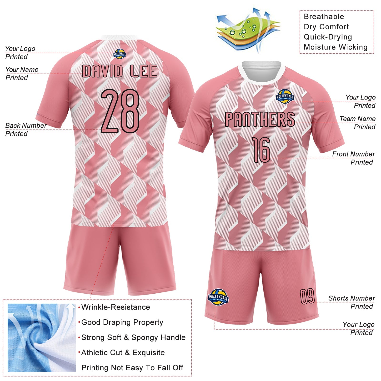 Custom Medium Pink Black-White Geometric Shape Sublimation Volleyball Uniform Jersey view 4