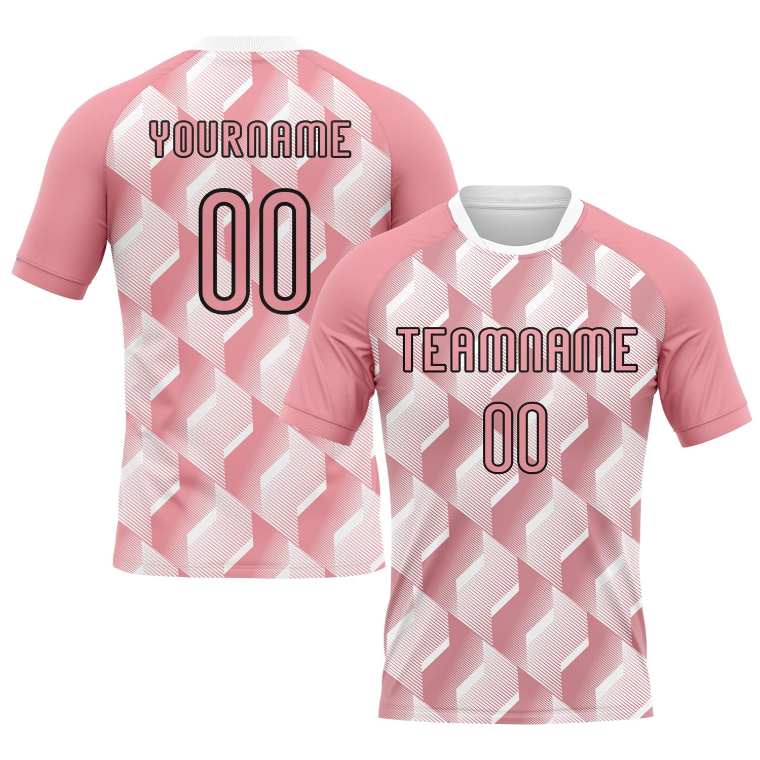 Custom Medium Pink Black-White Geometric Shape Sublimation Volleyball Uniform Jersey - Main View