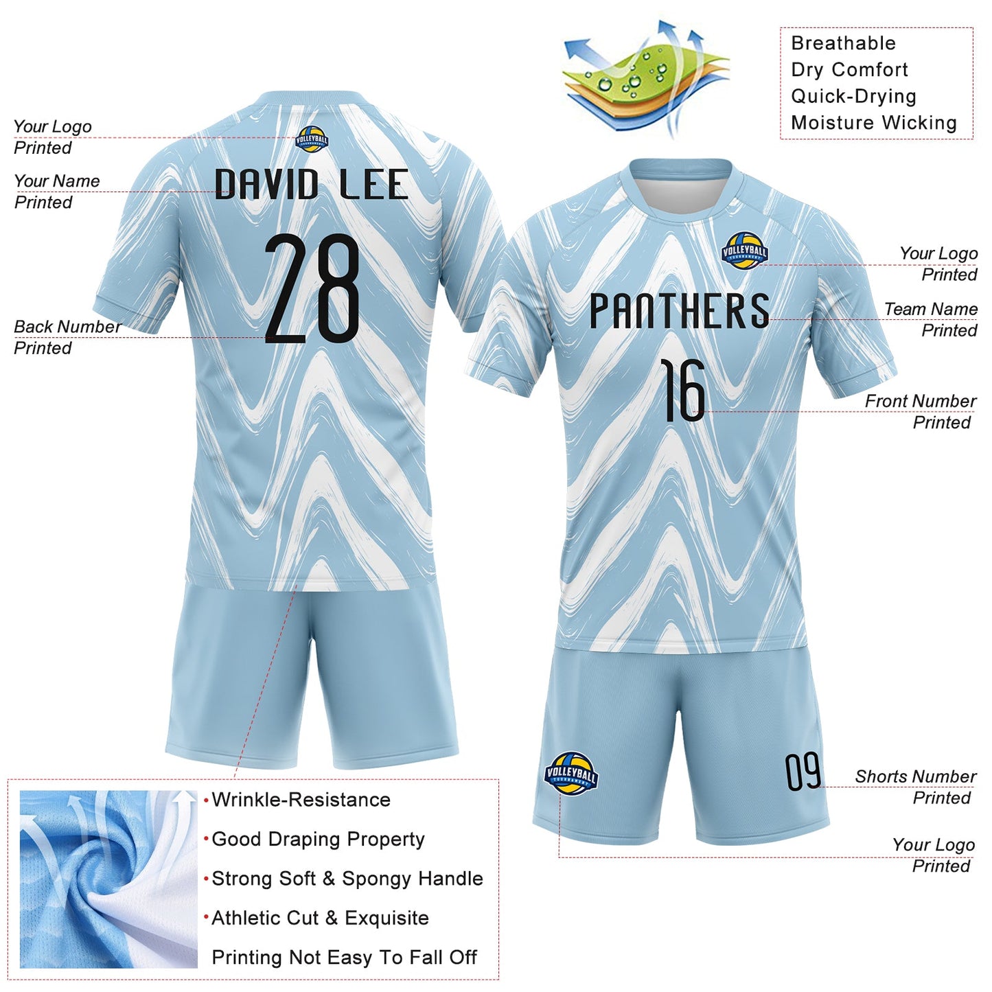 Custom Light Blue Black-White Fluid Sublimation Volleyball Uniform Jersey view 4