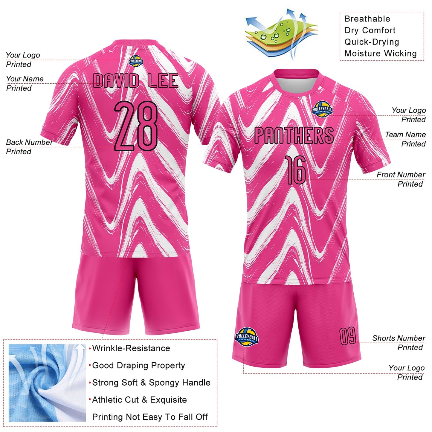 Custom Pink Black-White Fluid Sublimation Volleyball Uniform Jersey view 4