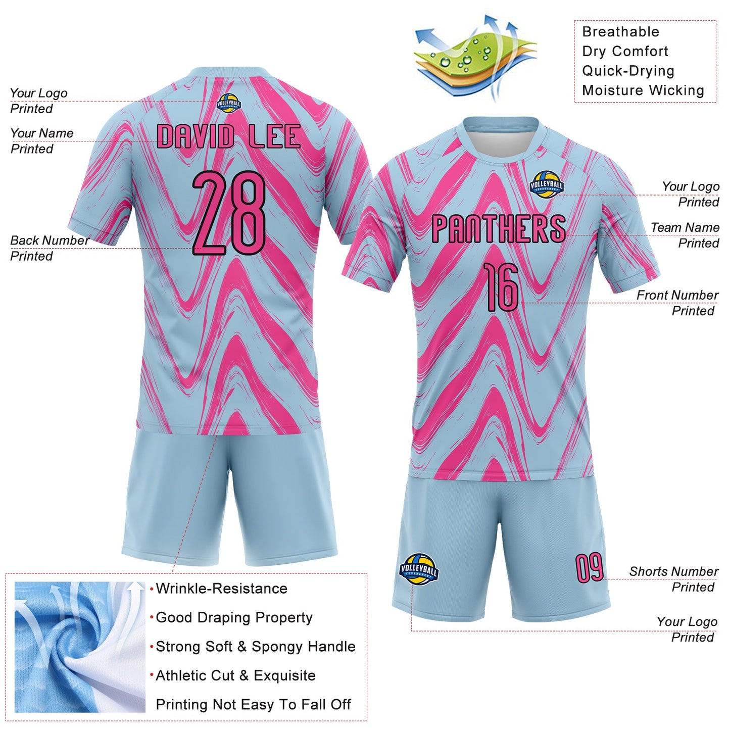 Custom Light Blue Pink-Black Fluid Sublimation Volleyball Uniform Jersey view 4