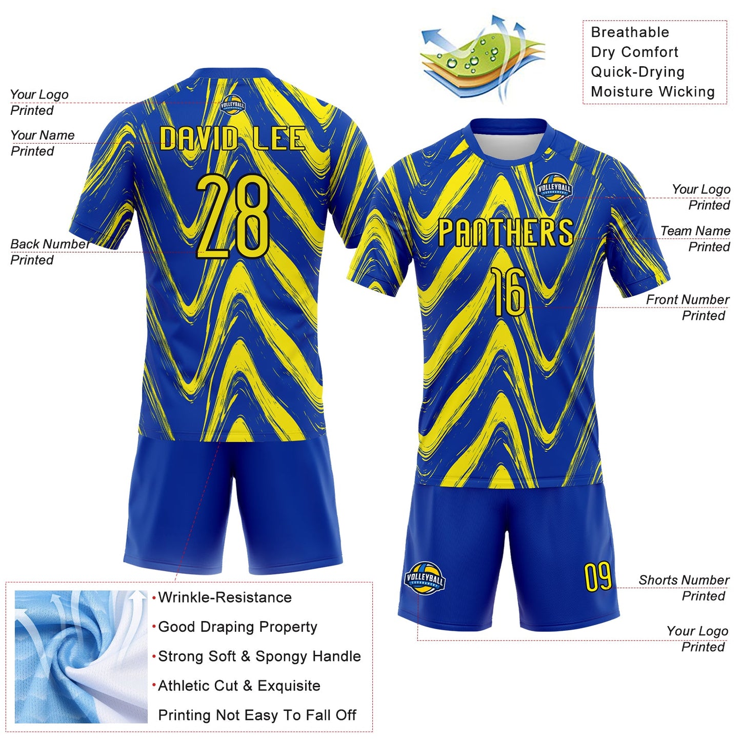 Custom Thunder Blue Light Yellow-Black Fluid Sublimation Volleyball Uniform Jersey view 4