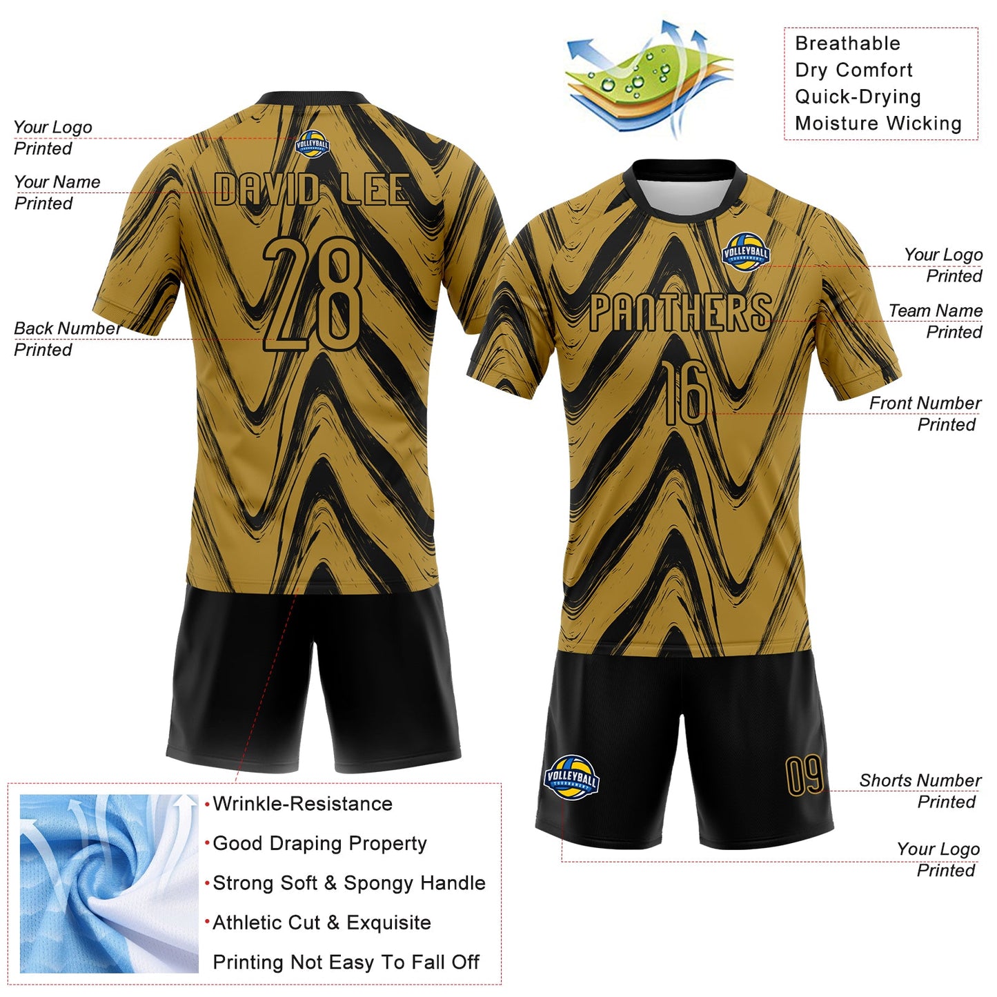 Custom Old Gold Black Fluid Sublimation Volleyball Uniform Jersey view 4