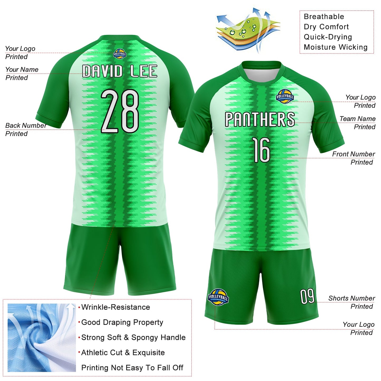 Custom Kelly Green White-Black Abstract Lines Sublimation Volleyball Uniform Jersey view 4