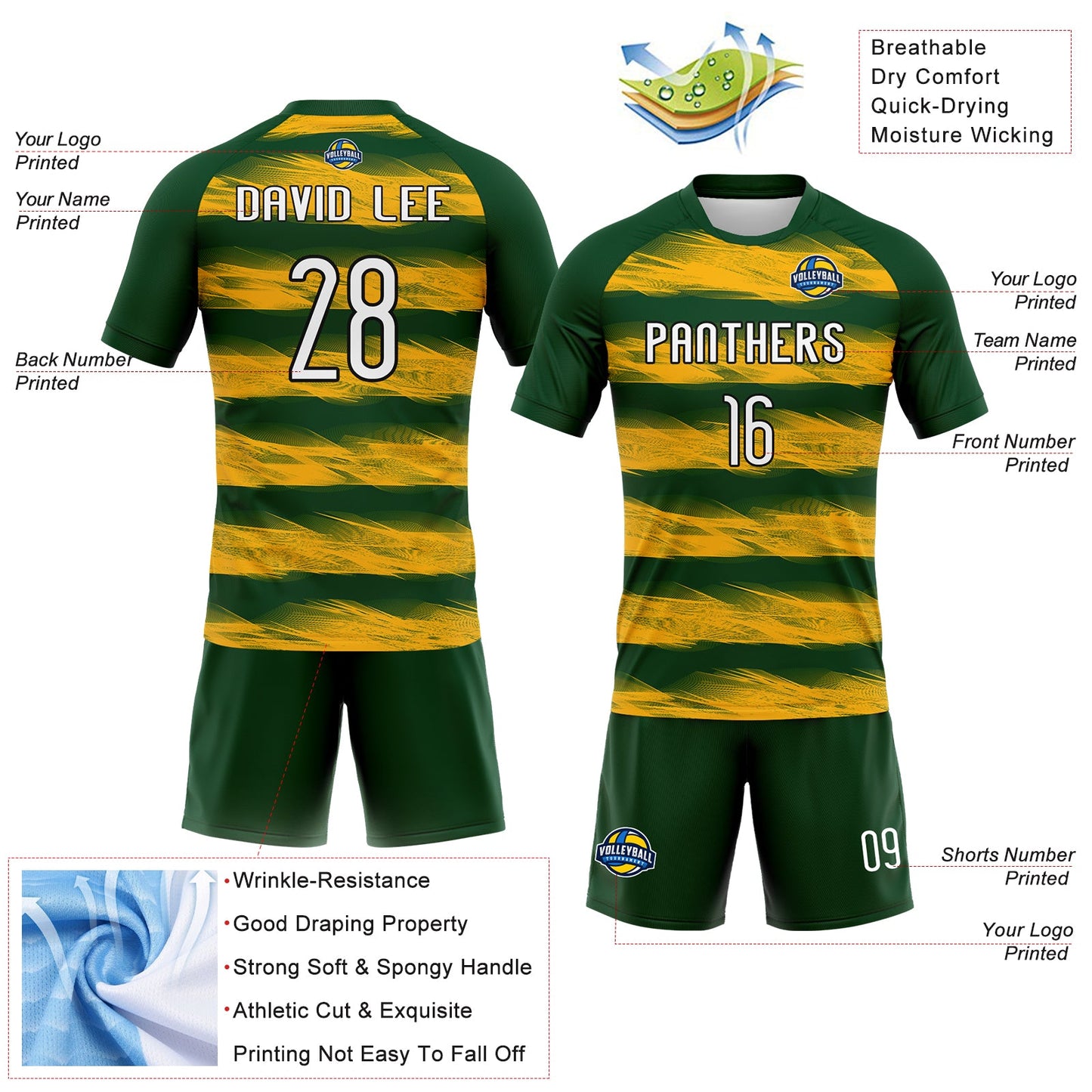 Custom Green Yellow-Black Abstract Lines Sublimation Volleyball Uniform Jersey view 4