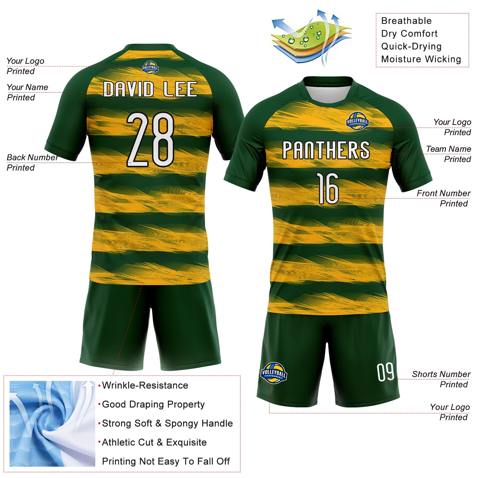Custom Green Yellow-Black Abstract Lines Sublimation Volleyball Uniform Jersey view 4