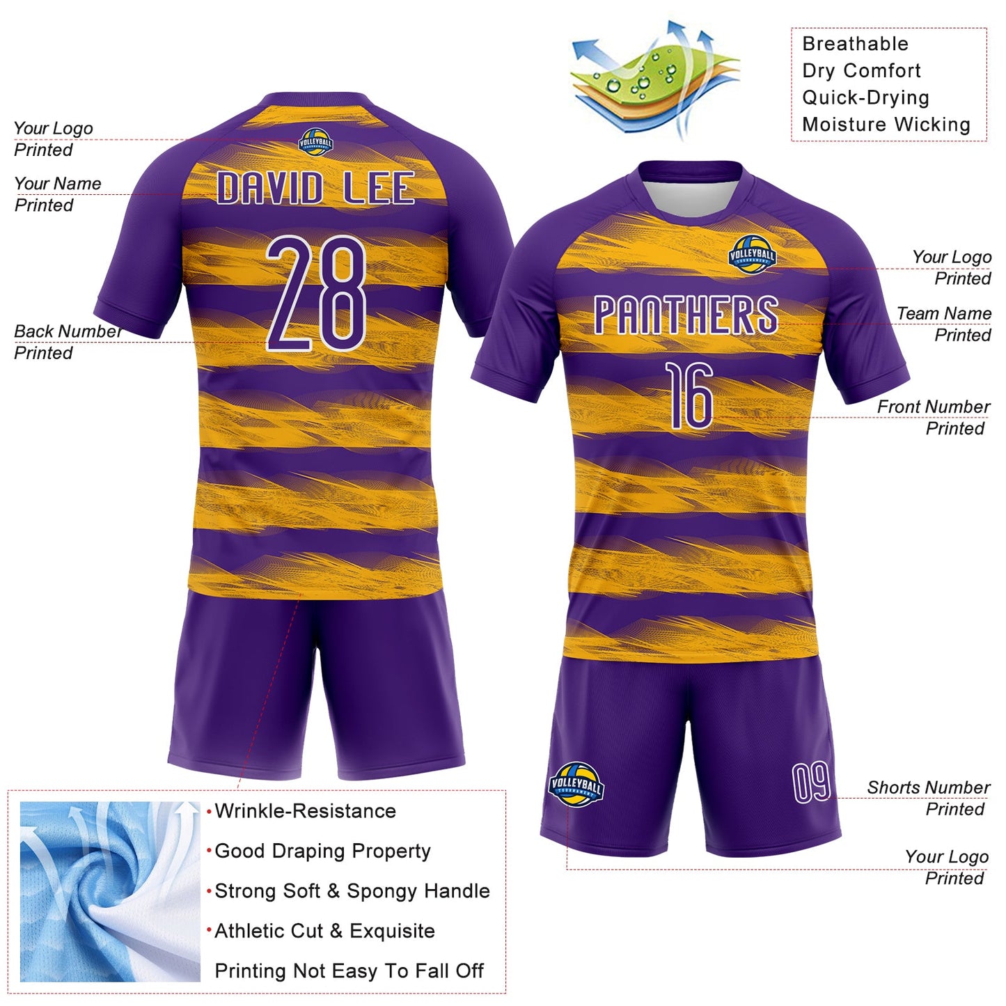 Custom Purple Yellow-White Abstract Lines Sublimation Volleyball Uniform Jersey view 4