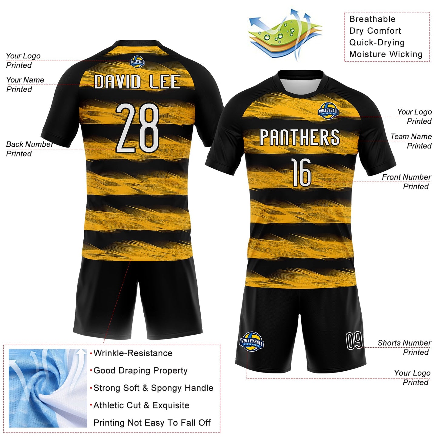 Custom Black White-Yellow Abstract Lines Sublimation Volleyball Uniform Jersey view 4