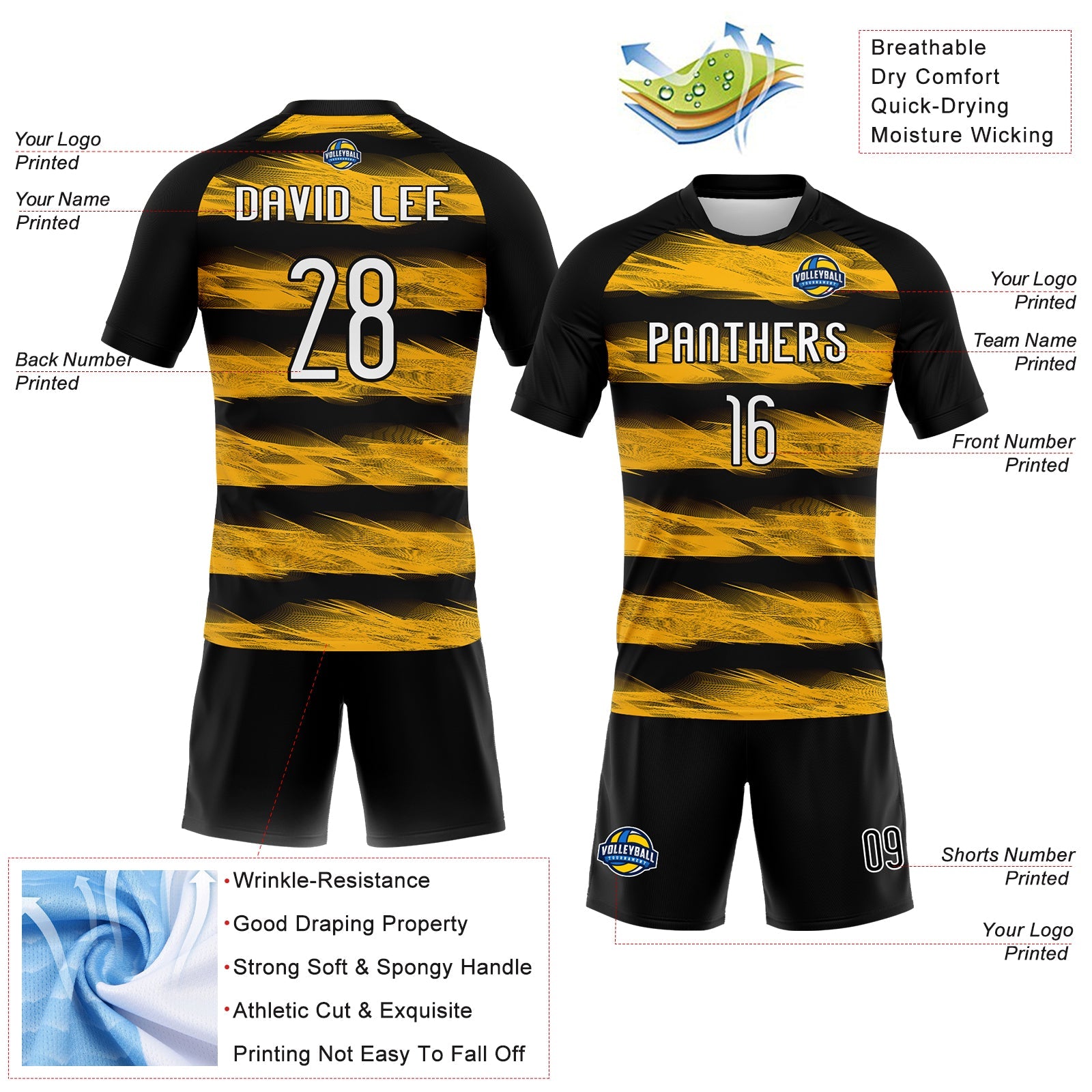 Custom Black White-Yellow Abstract Lines Sublimation Volleyball Uniform Jersey view 4