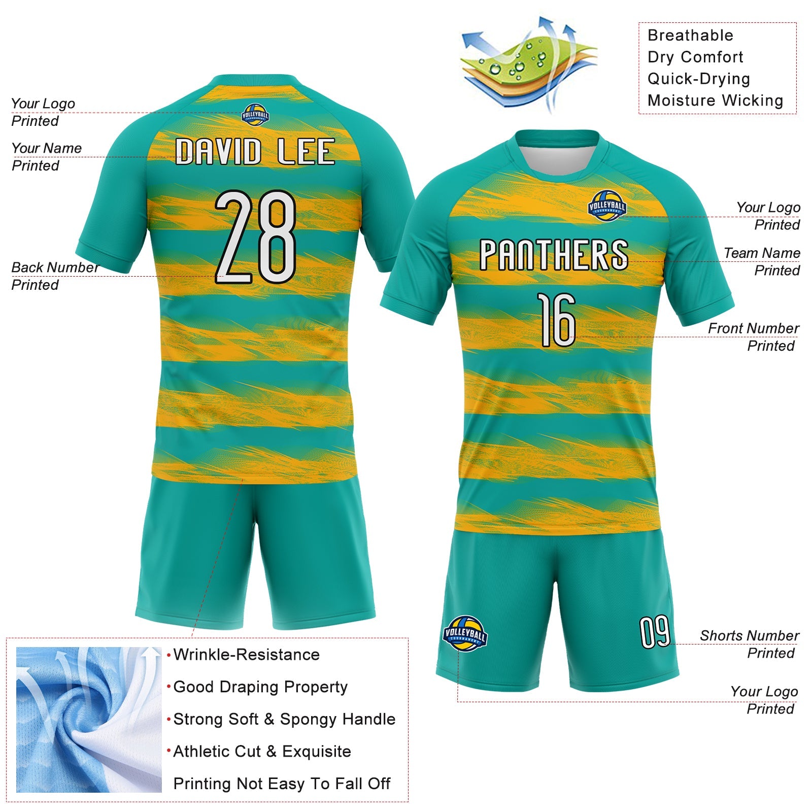 Custom Aqua Yellow-Black Abstract Lines Sublimation Volleyball Uniform Jersey view 4