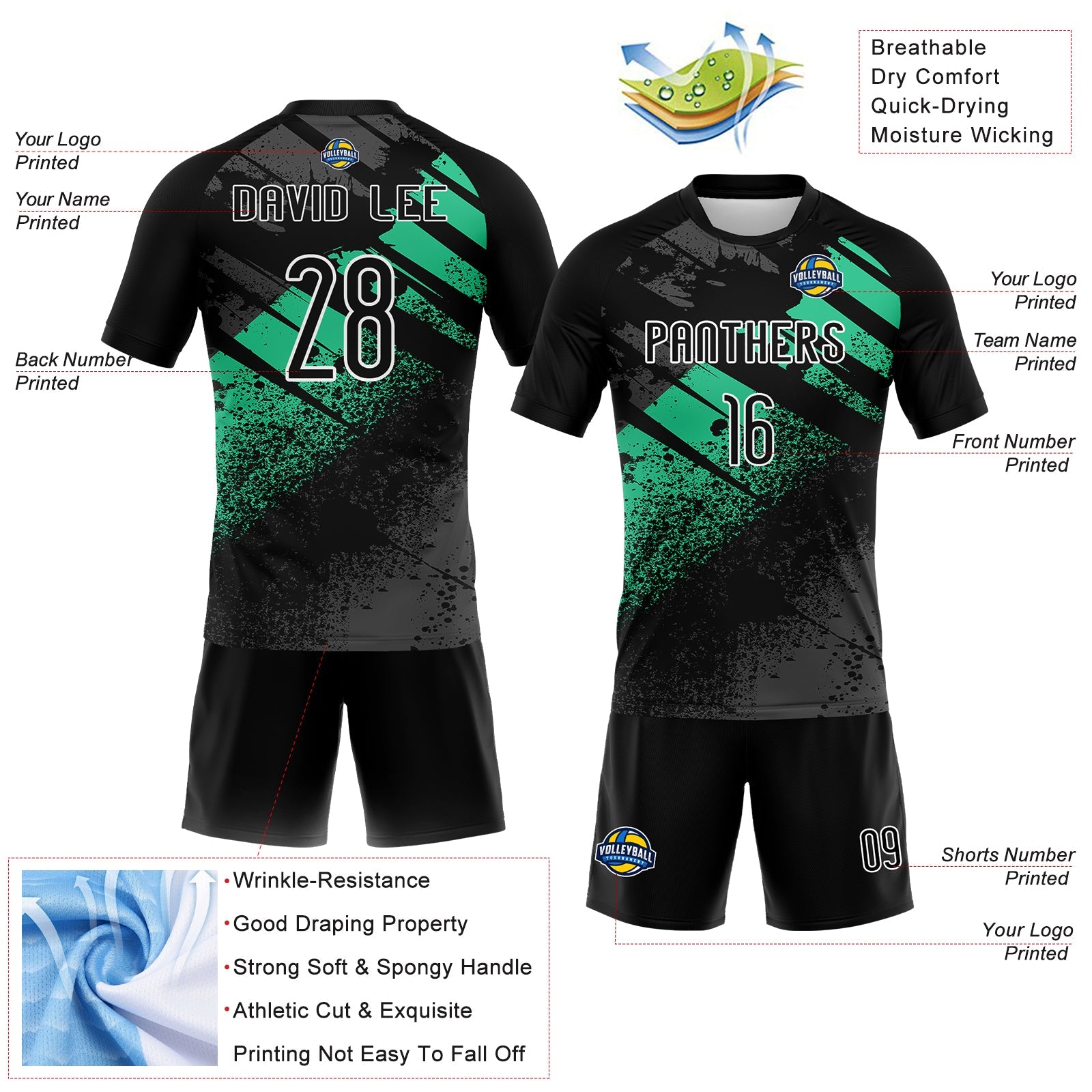 Custom Black Pea Green-White Splash Sublimation Volleyball Uniform Jersey view 4