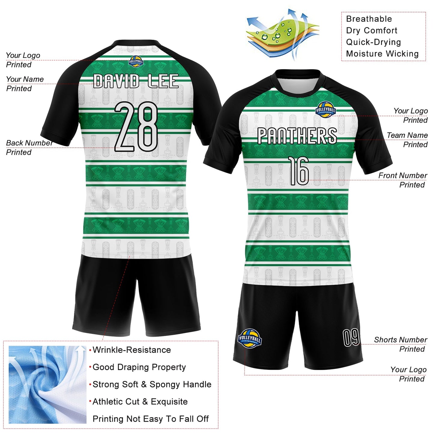 Custom White Black-Kelly Green Abstract Shape Sublimation Volleyball Uniform Jersey view 4
