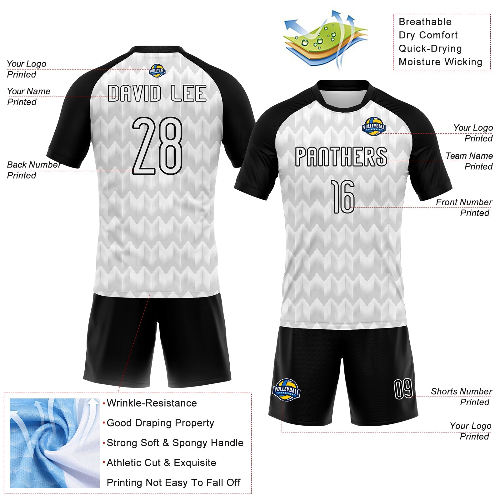 Custom White Black Geometric Shape Sublimation Volleyball Uniform Jersey view 4