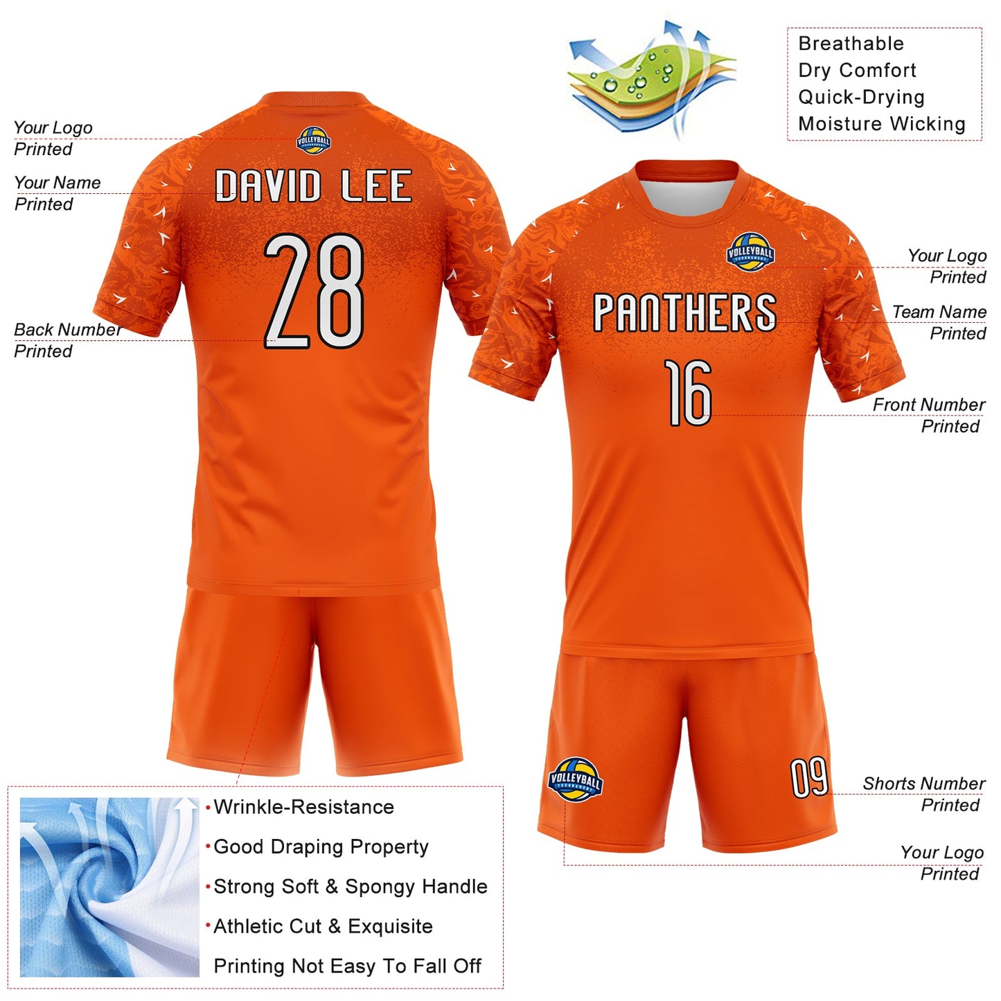 Custom Orange White-Black Abstract Shape Sublimation Volleyball Uniform Jersey view 4