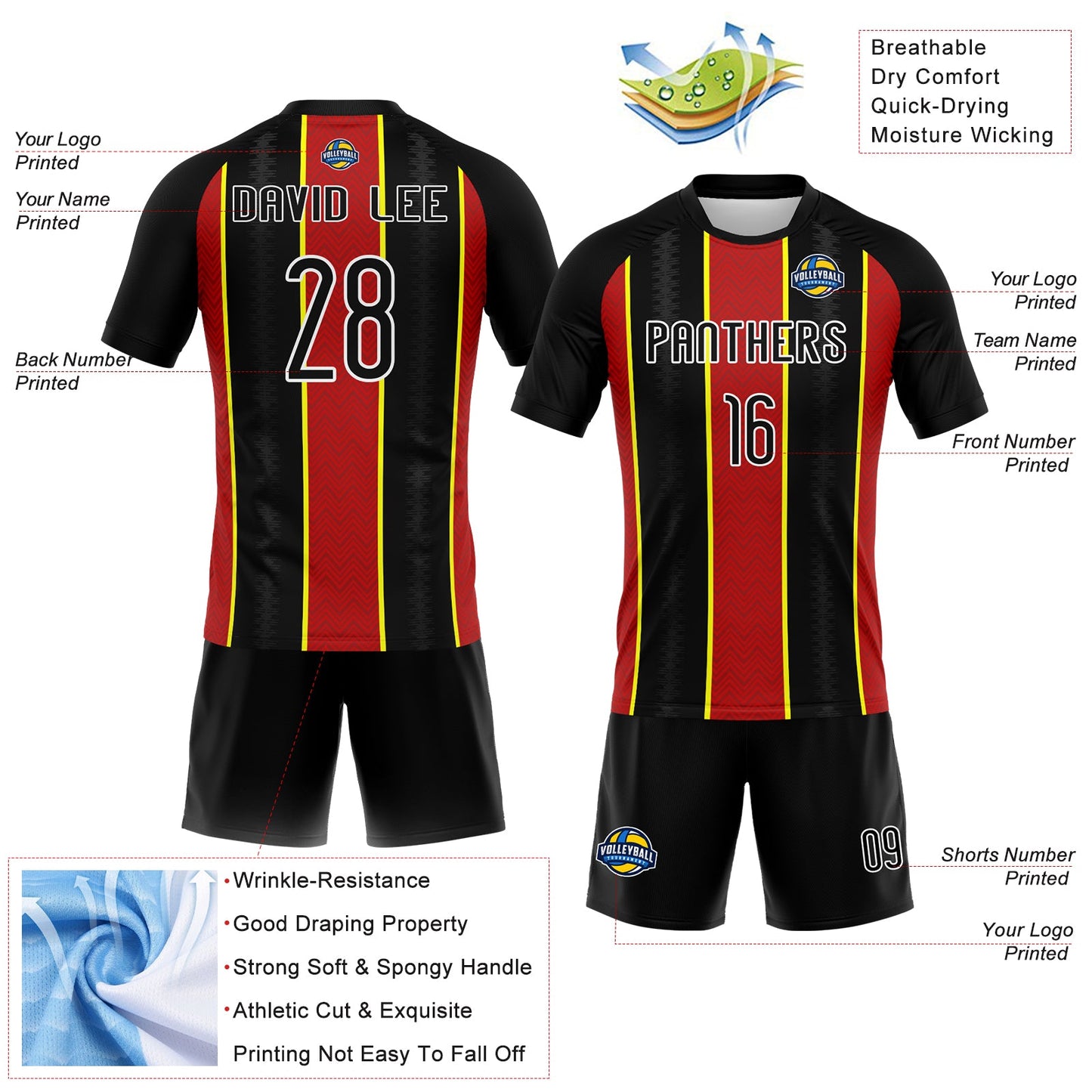 Custom Black Red-Light Yellow Lines Sublimation Volleyball Uniform Jersey view 4