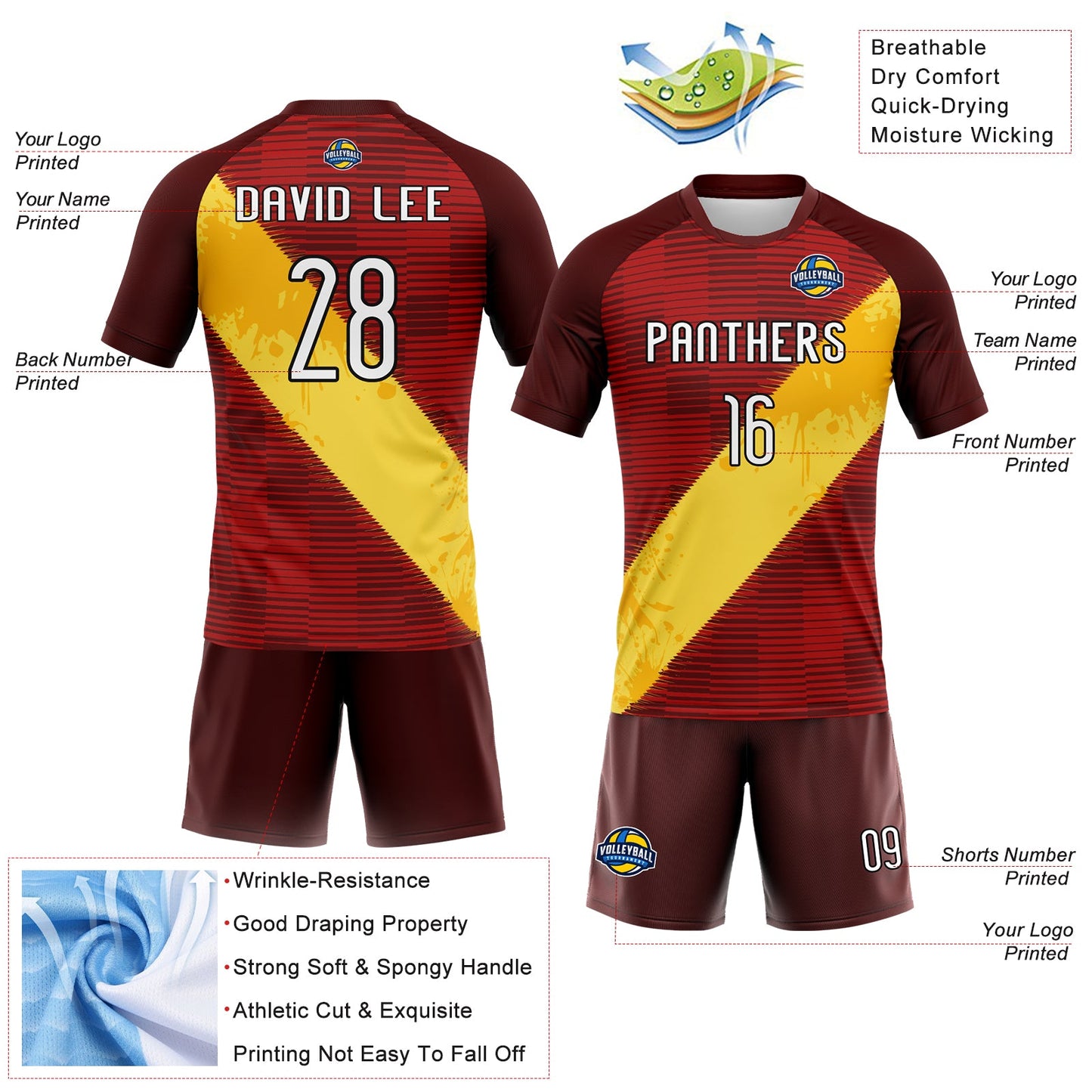 Custom Red Yellow-Black Lines Sublimation Volleyball Uniform Jersey view 4
