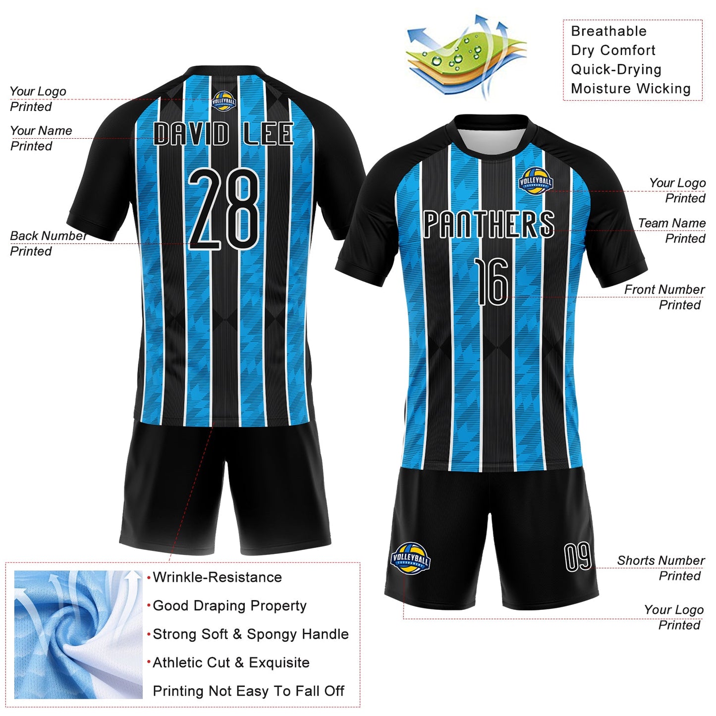 Custom Black Light Blue-White Lines Sublimation Volleyball Uniform Jersey view 4