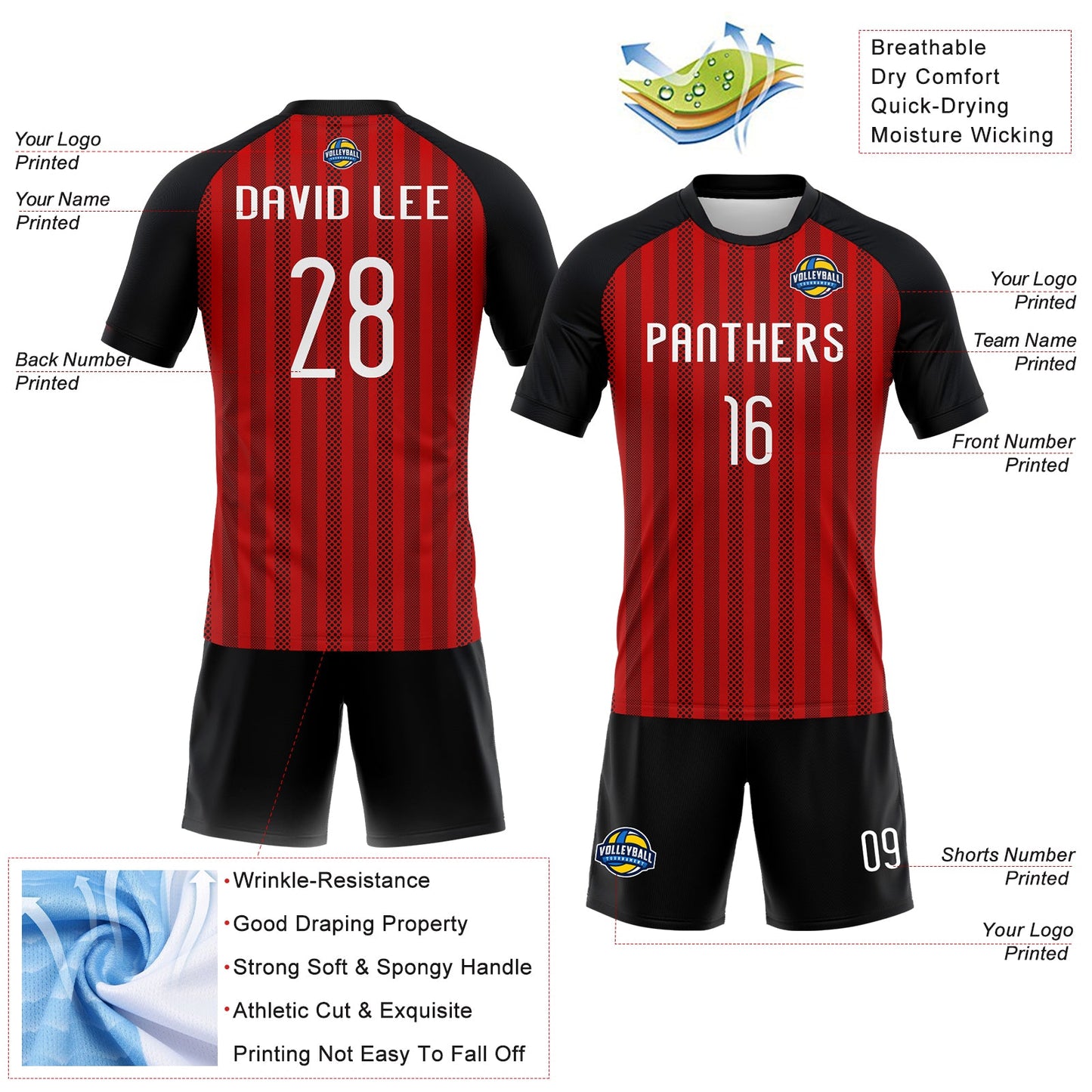 Custom Red White-Black Lines Sublimation Volleyball Uniform Jersey view 4