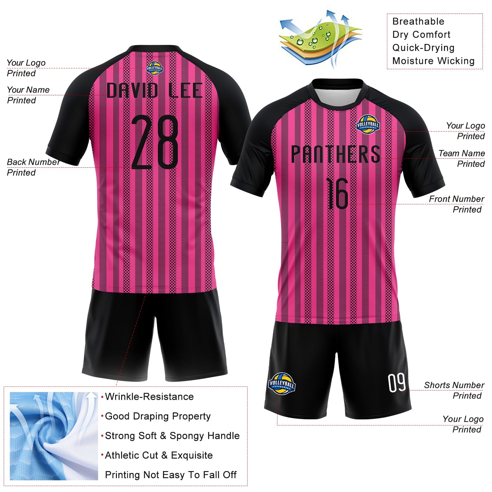 Custom Pink Black-White Lines Sublimation Volleyball Uniform Jersey view 4