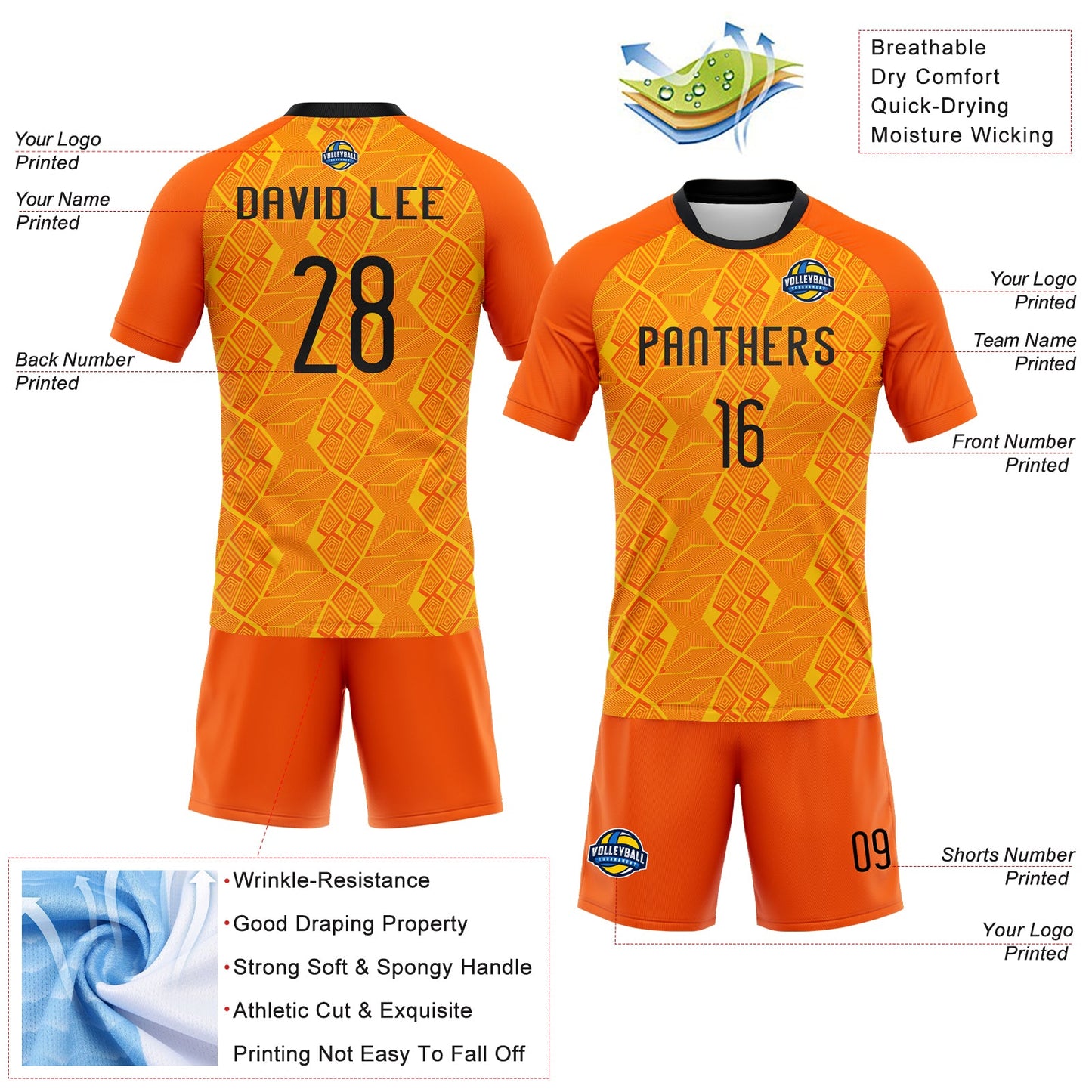 Custom Orange Black-Yellow Geometric Shape Sublimation Volleyball Uniform Jersey view 4