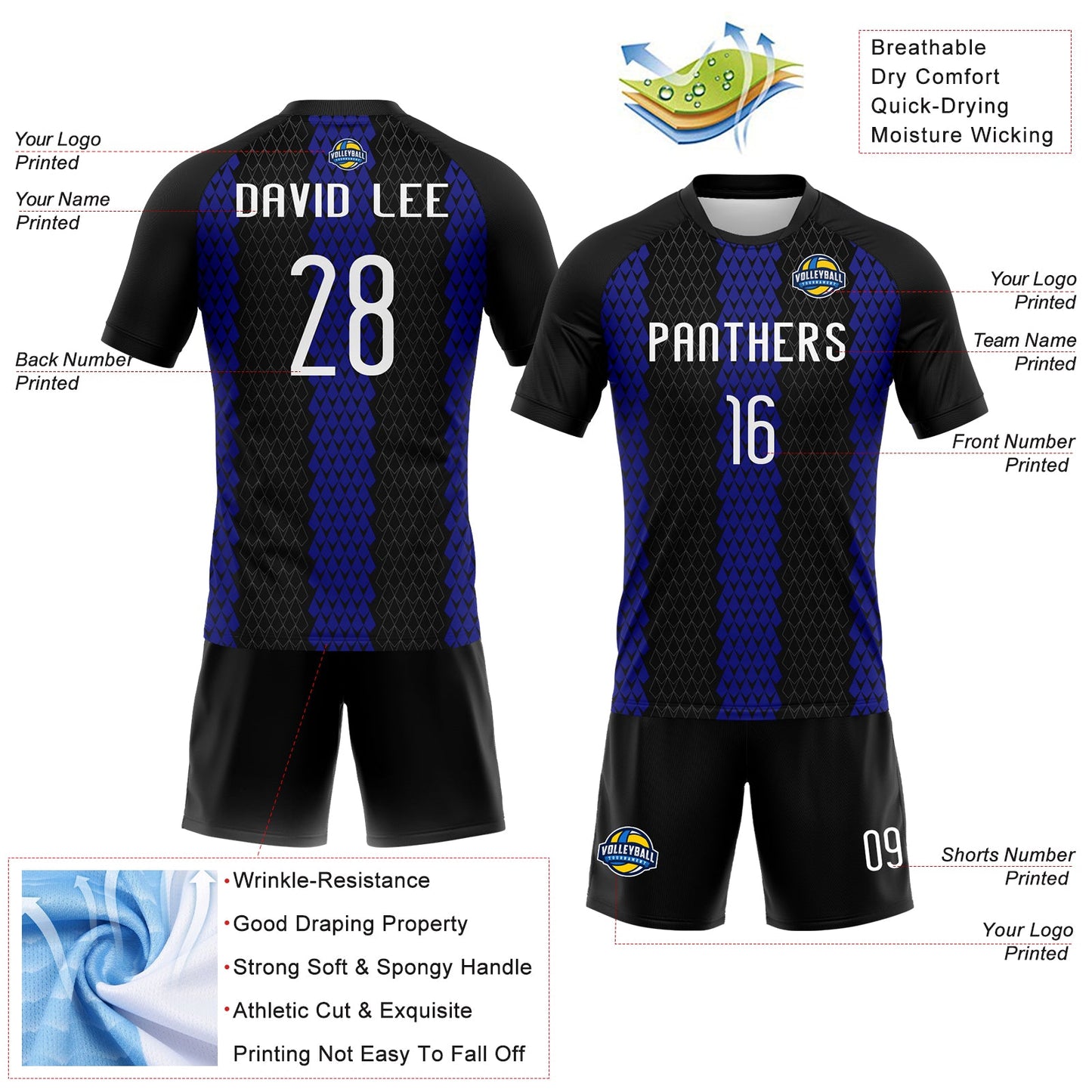 Custom Black White-Royal Geometric Shape Sublimation Volleyball Uniform Jersey view 4