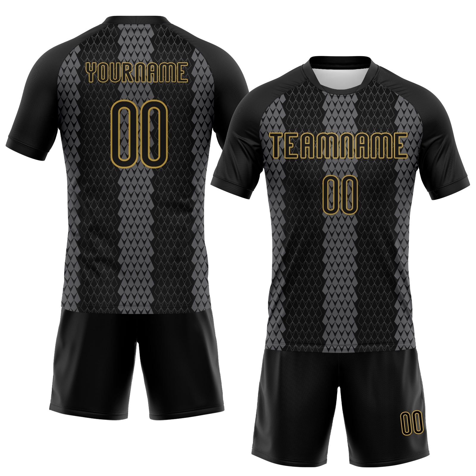 Custom Black Gray-Old Gold Geometric Shape Sublimation Volleyball Uniform Jersey view 2