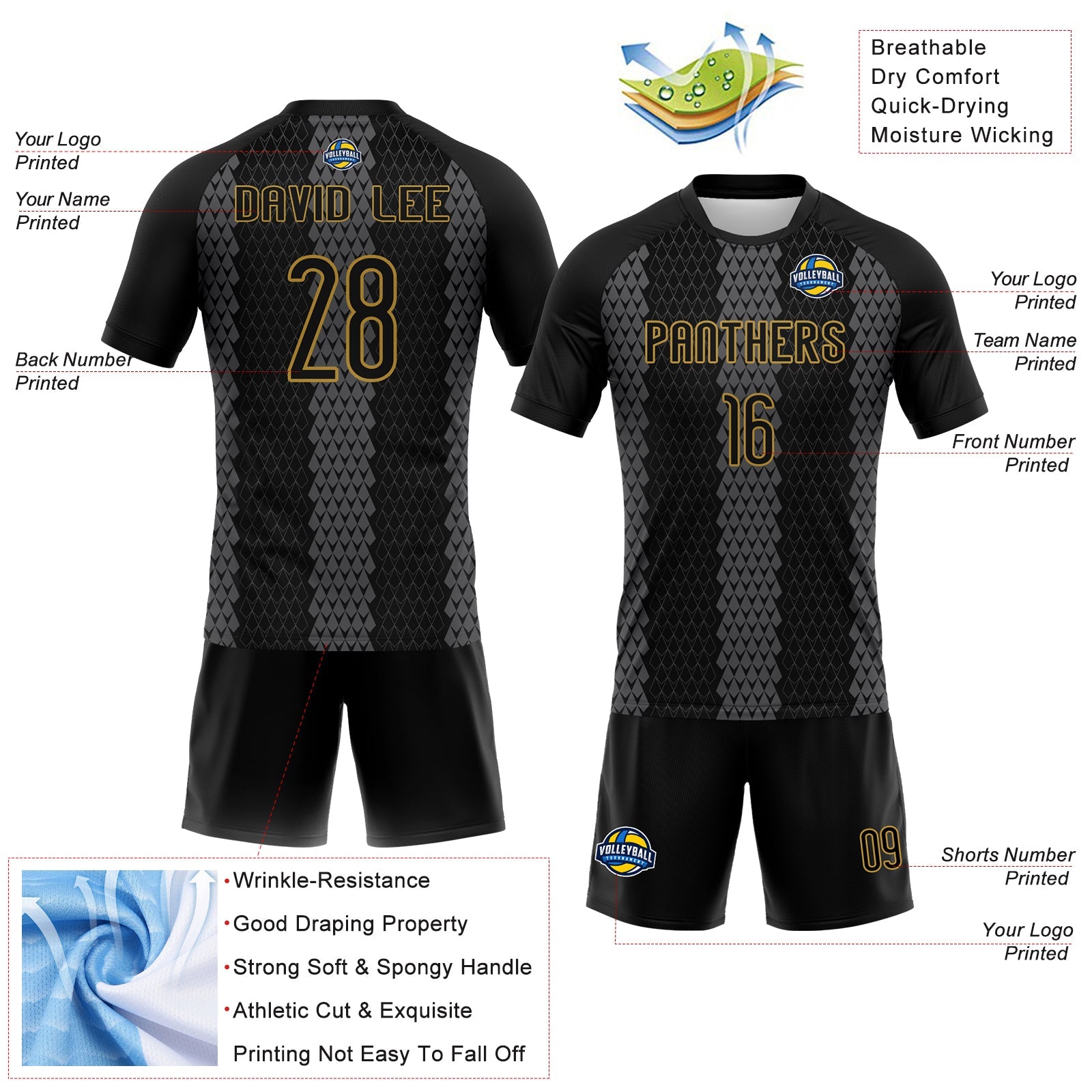 Custom Black Gray-Old Gold Geometric Shape Sublimation Volleyball Uniform Jersey view 4