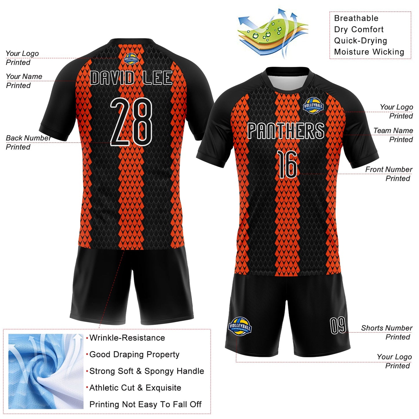Custom Black Orange-White Geometric Shape Sublimation Volleyball Uniform Jersey view 4