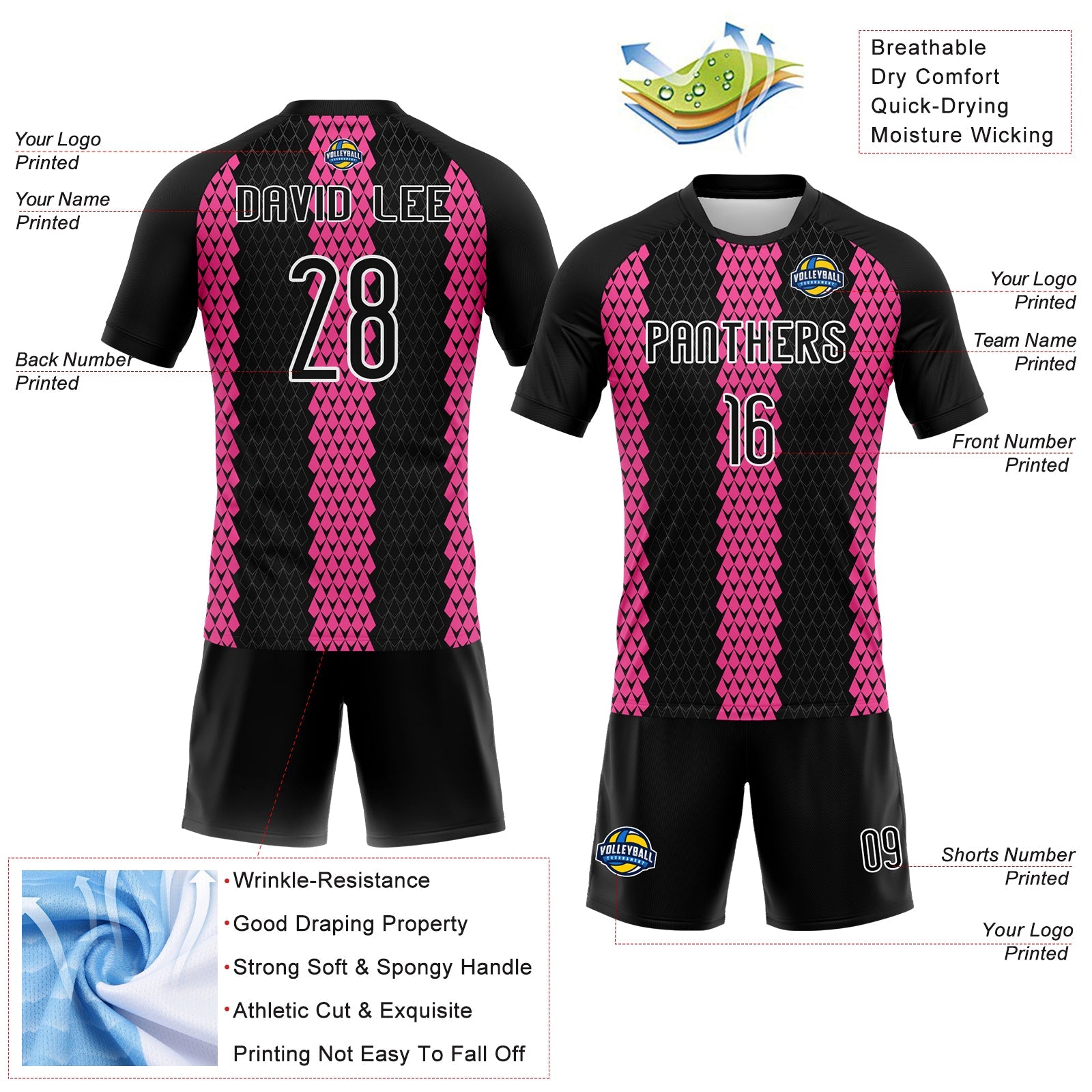 Custom Black Pink-White Geometric Shape Sublimation Volleyball Uniform Jersey view 4