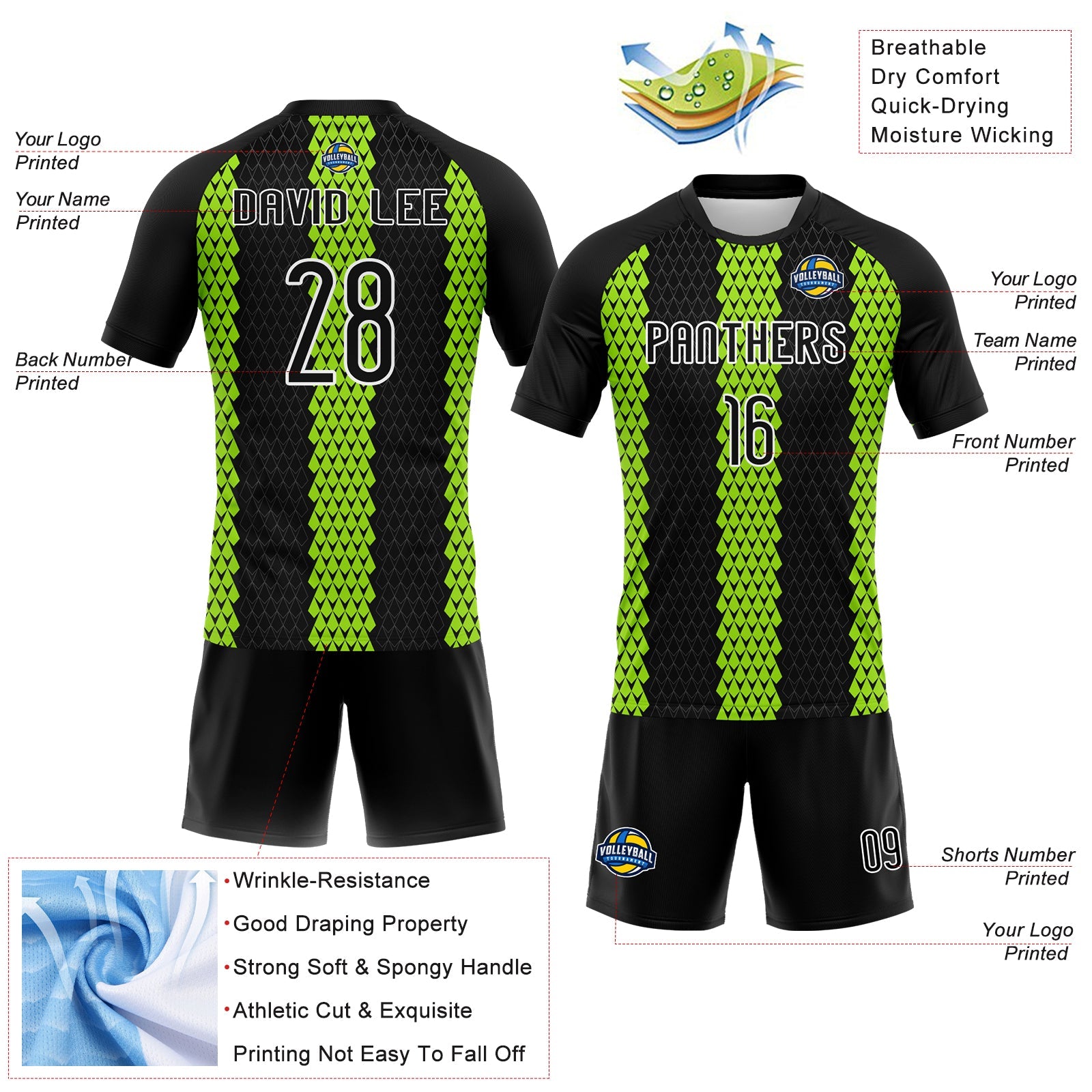 Custom Black Neon Green-White Geometric Shape Sublimation Volleyball Uniform Jersey view 4