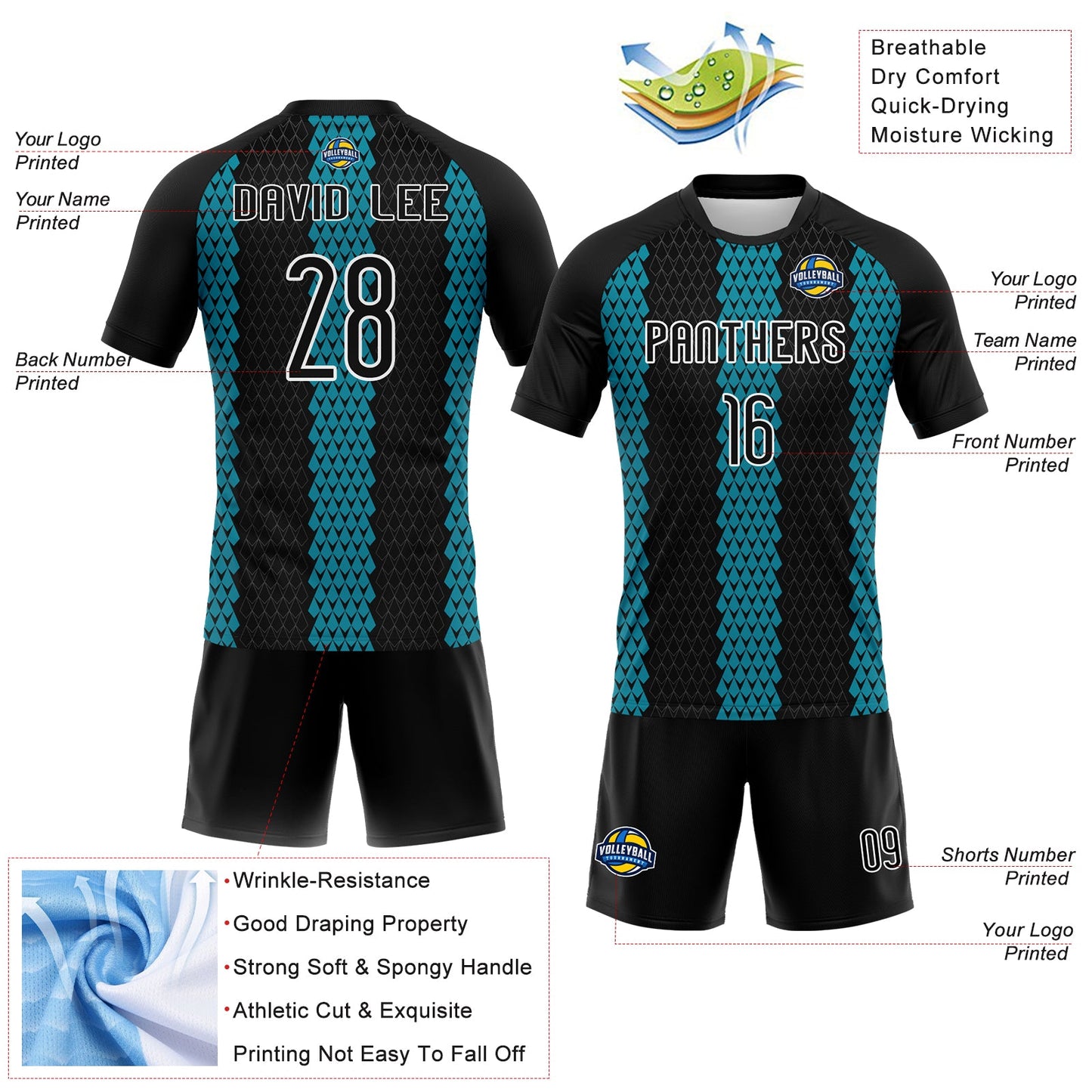 Custom Black Teal-White Geometric Shape Sublimation Volleyball Uniform Jersey view 4