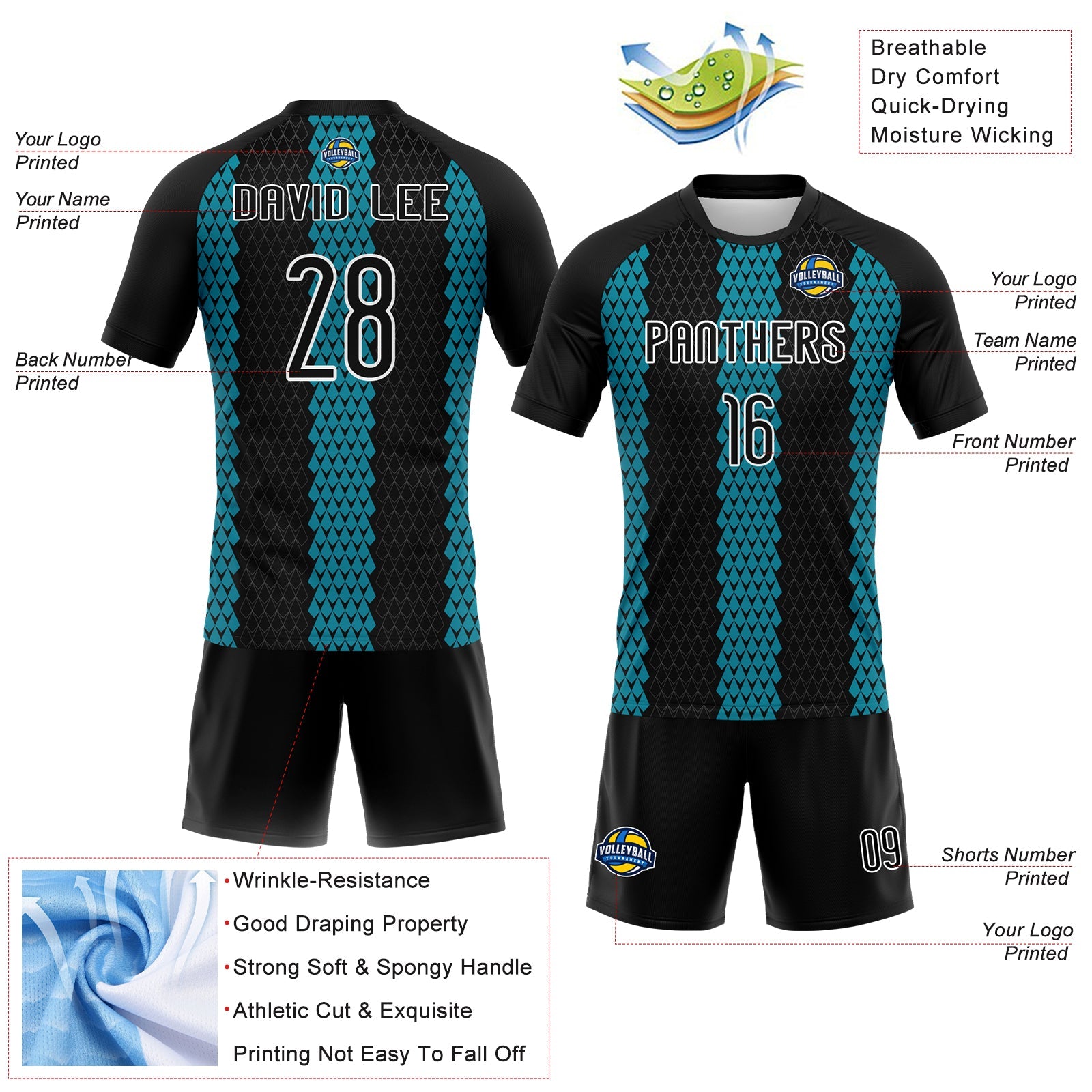 Custom Black Teal-White Geometric Shape Sublimation Volleyball Uniform Jersey view 4