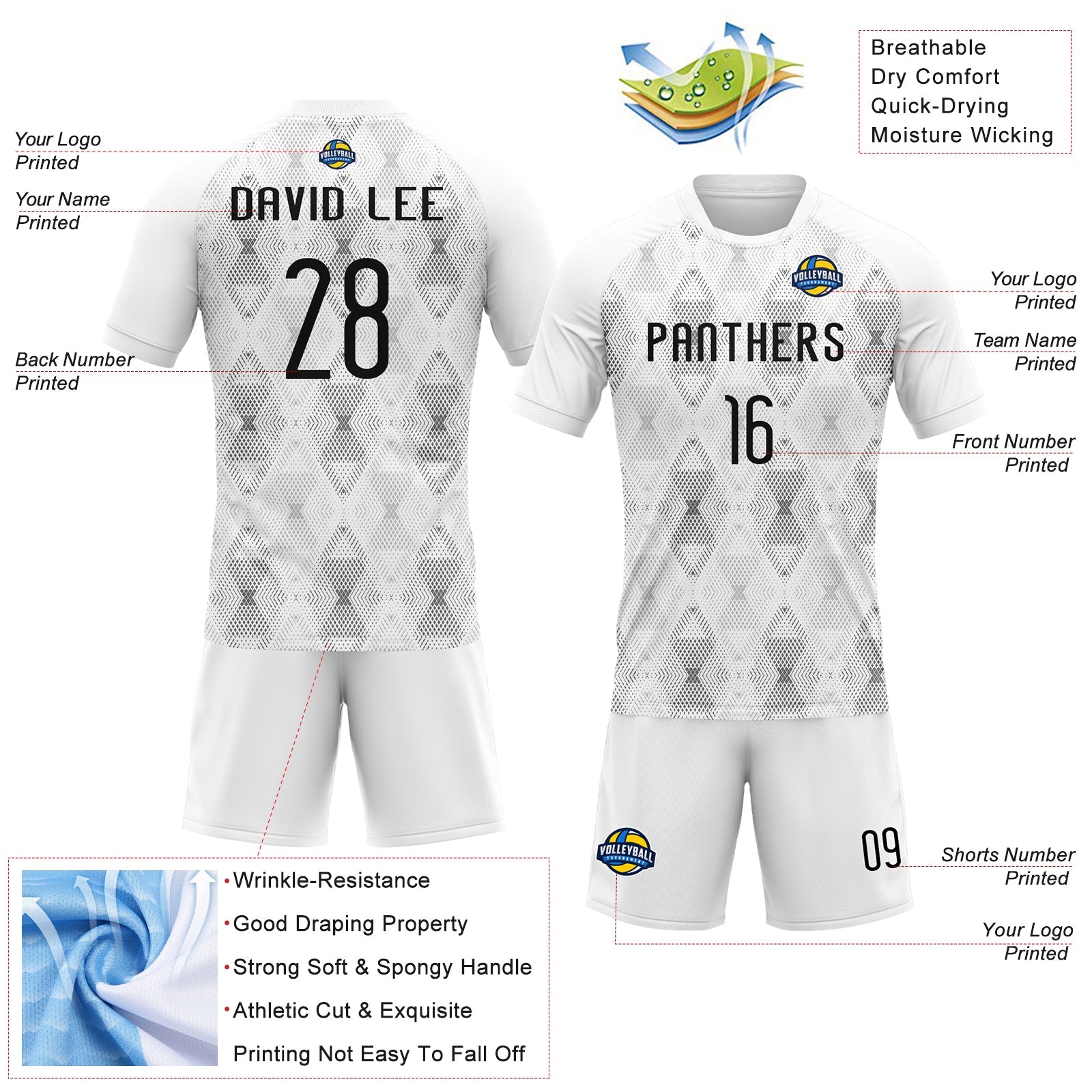 Custom White Black Geometric Shape Sublimation Volleyball Uniform Jersey view 4