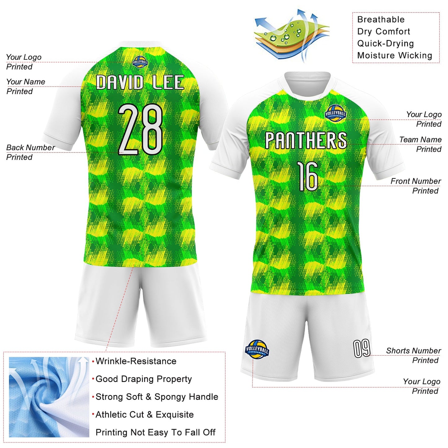 Custom Neon Green White-Black Abstract Shape Sublimation Volleyball Uniform Jersey view 4
