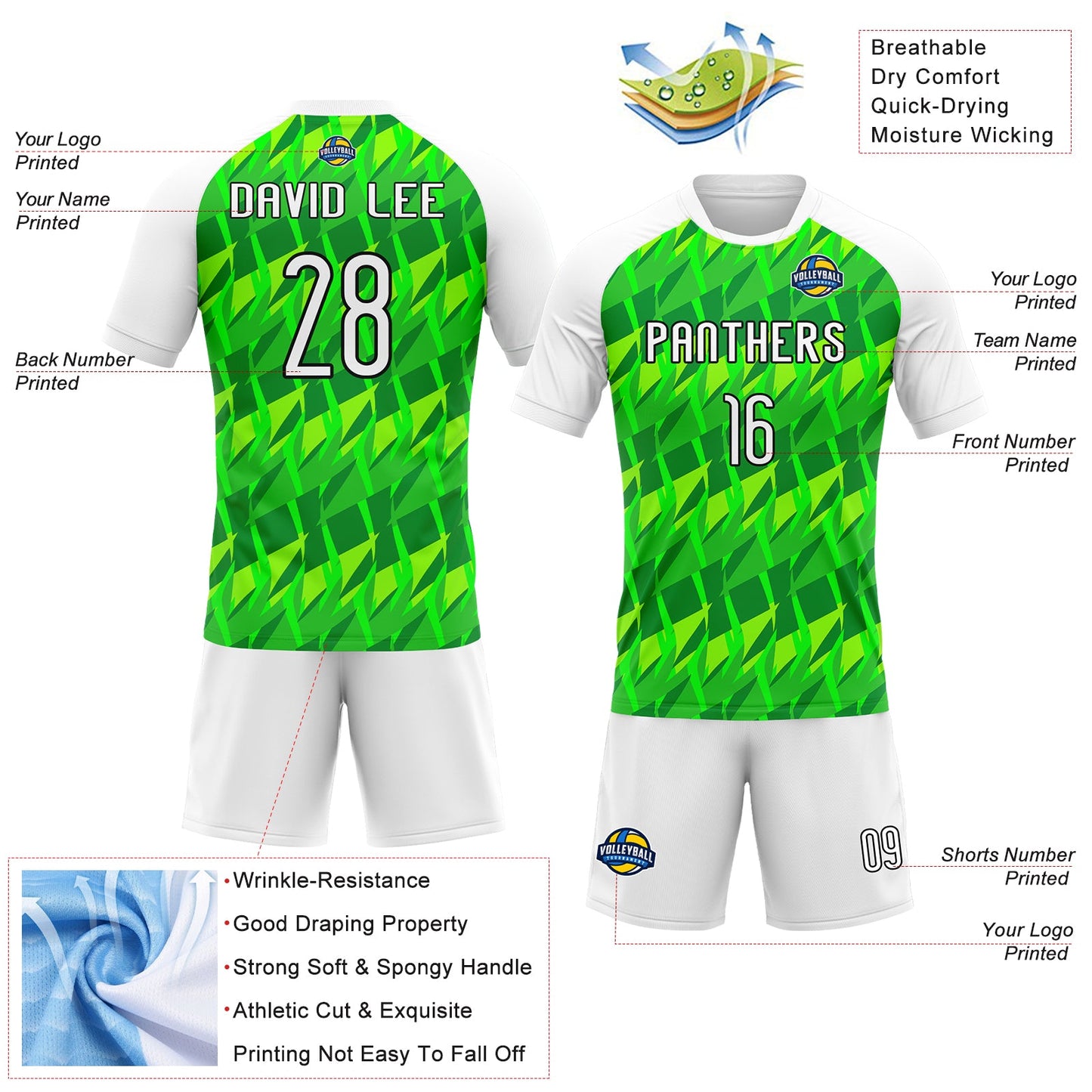 Custom Neon Green White-Black Abstract Shape Sublimation Volleyball Uniform Jersey view 4