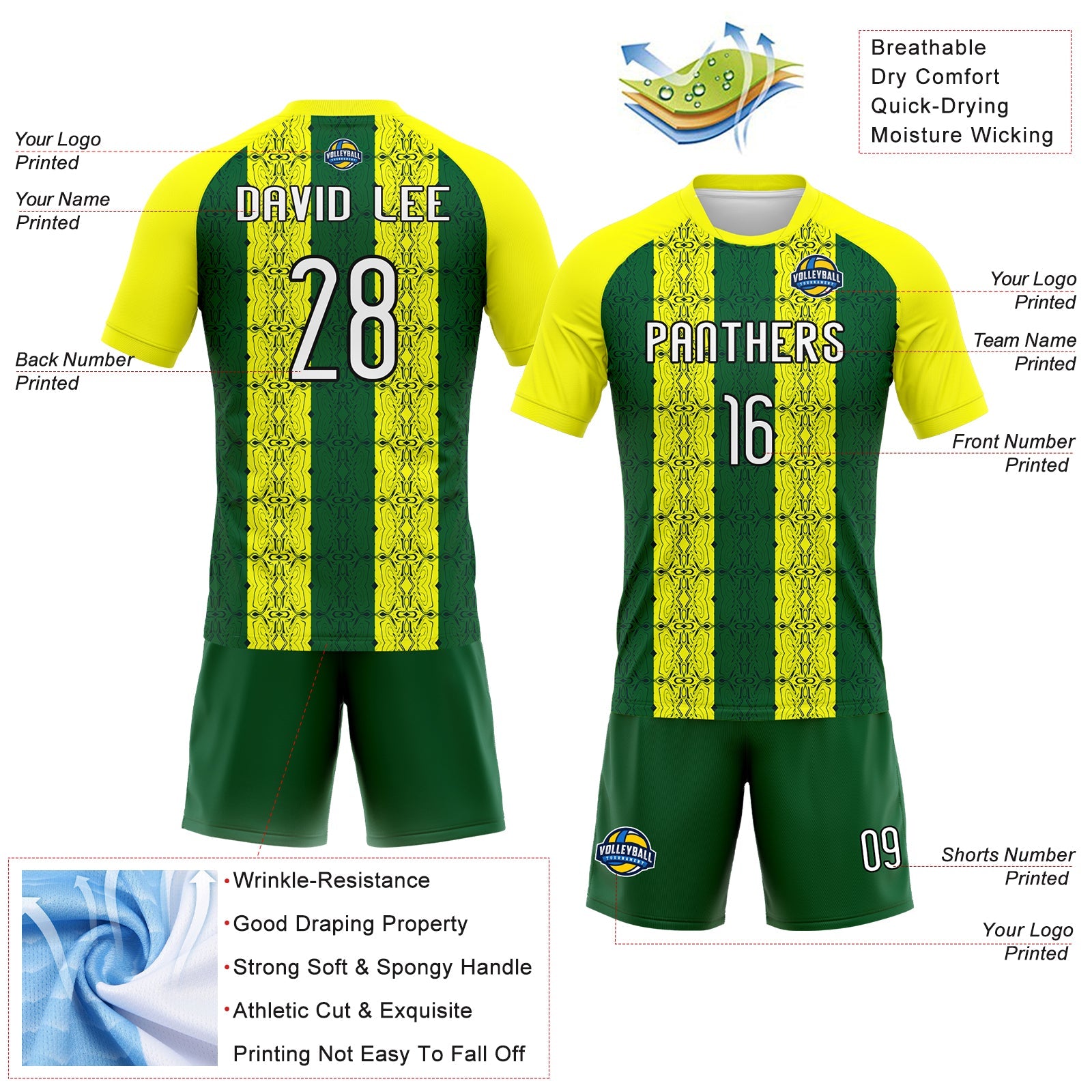 Custom Light Yellow Green-Black Abstract Shape Sublimation Volleyball Uniform Jersey view 4