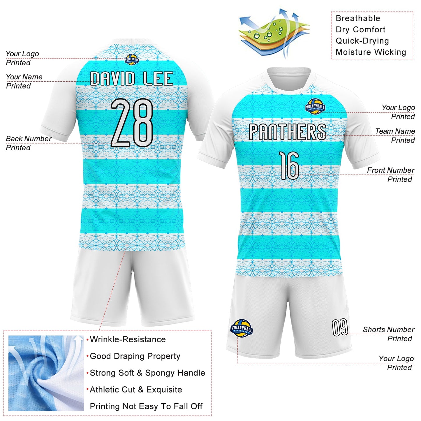 Custom White Lakes Blue-Black Abstract Shape Sublimation Volleyball Uniform Jersey view 4