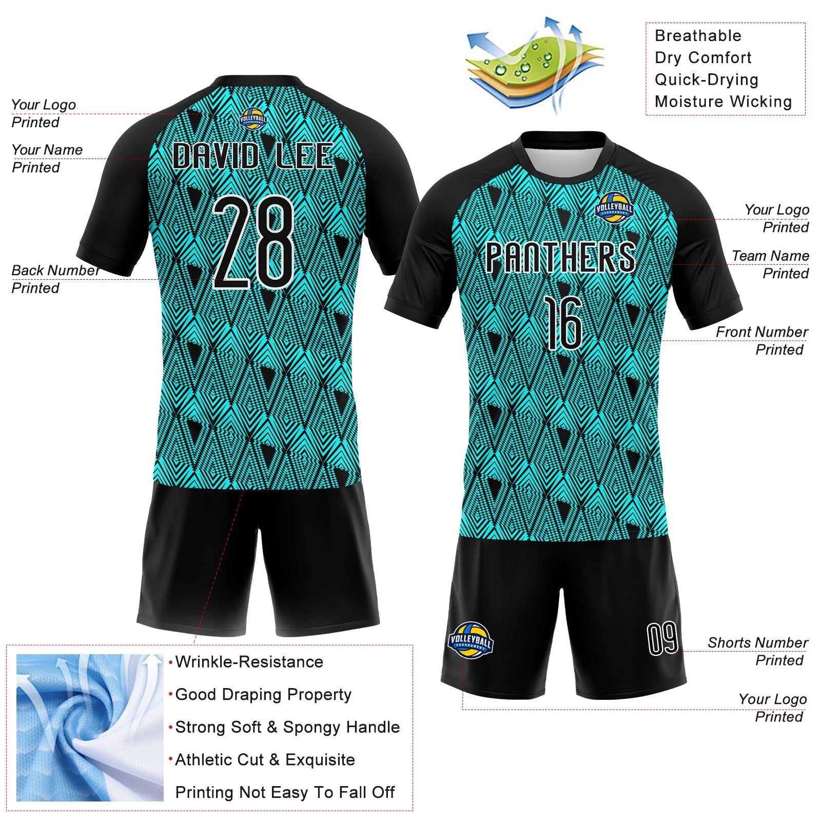 Custom Lakes Blue Black-White Geometric Shape Sublimation Volleyball Uniform Jersey view 4