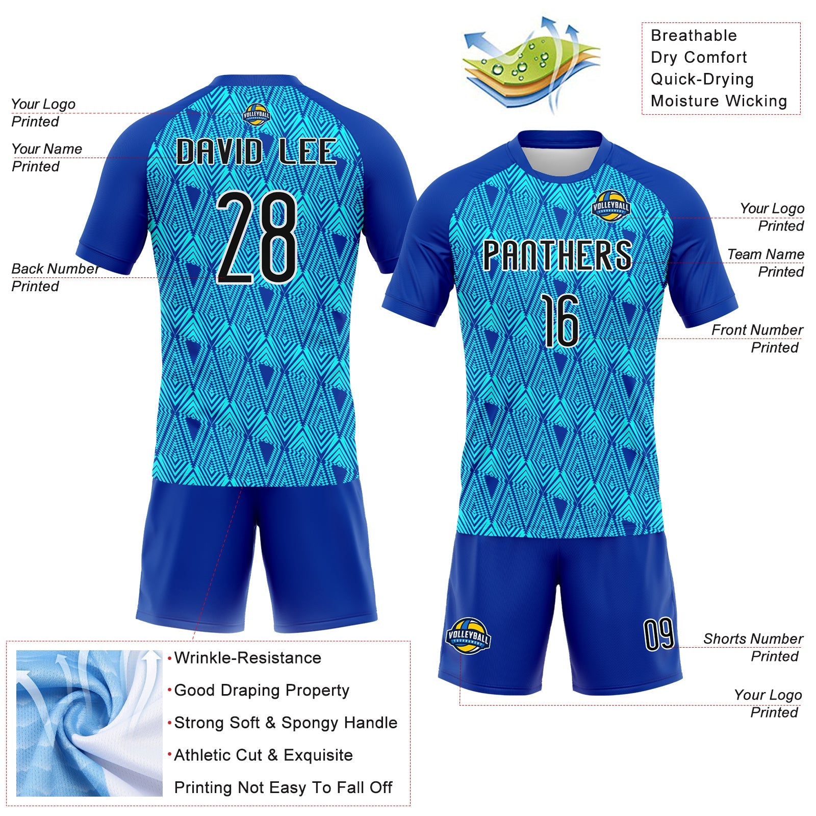 Custom Thunder Blue Black-Lakes Blue Geometric Shape Sublimation Volleyball Uniform Jersey view 4