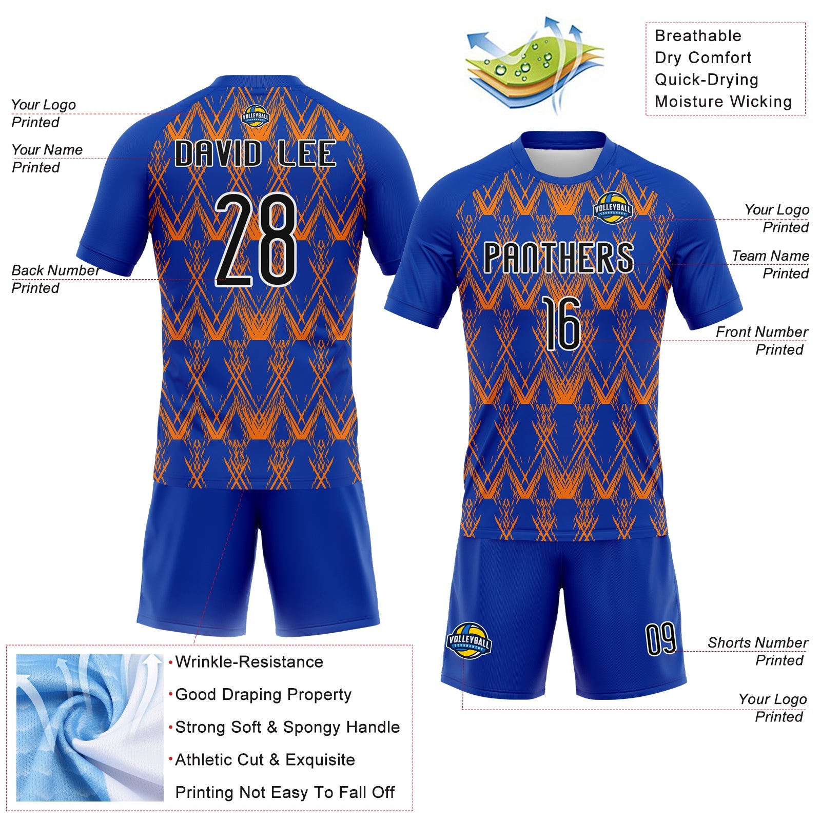 Custom Thunder Blue Black-Bay Orange Abstract Shape Sublimation Volleyball Uniform Jersey view 4