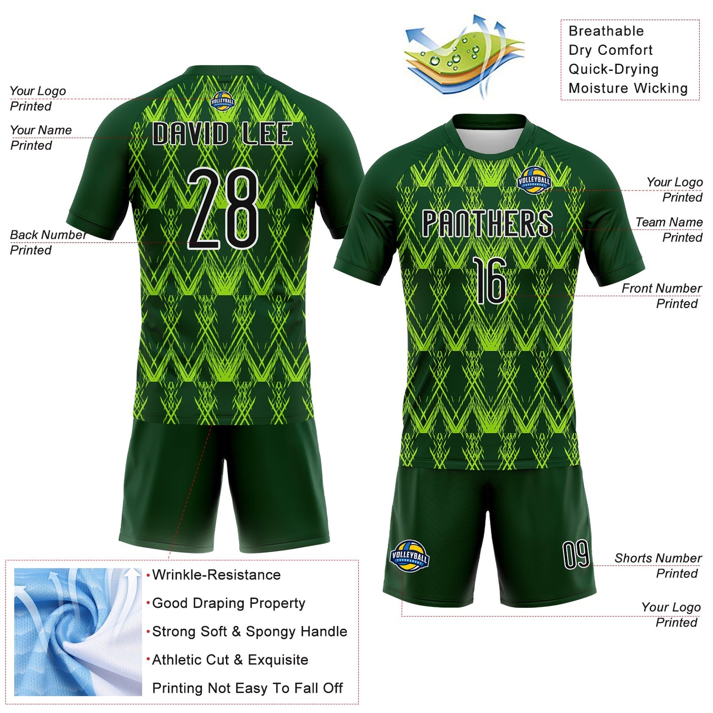 Custom Green Black-Neon Green Abstract Shape Sublimation Volleyball Uniform Jersey view 4