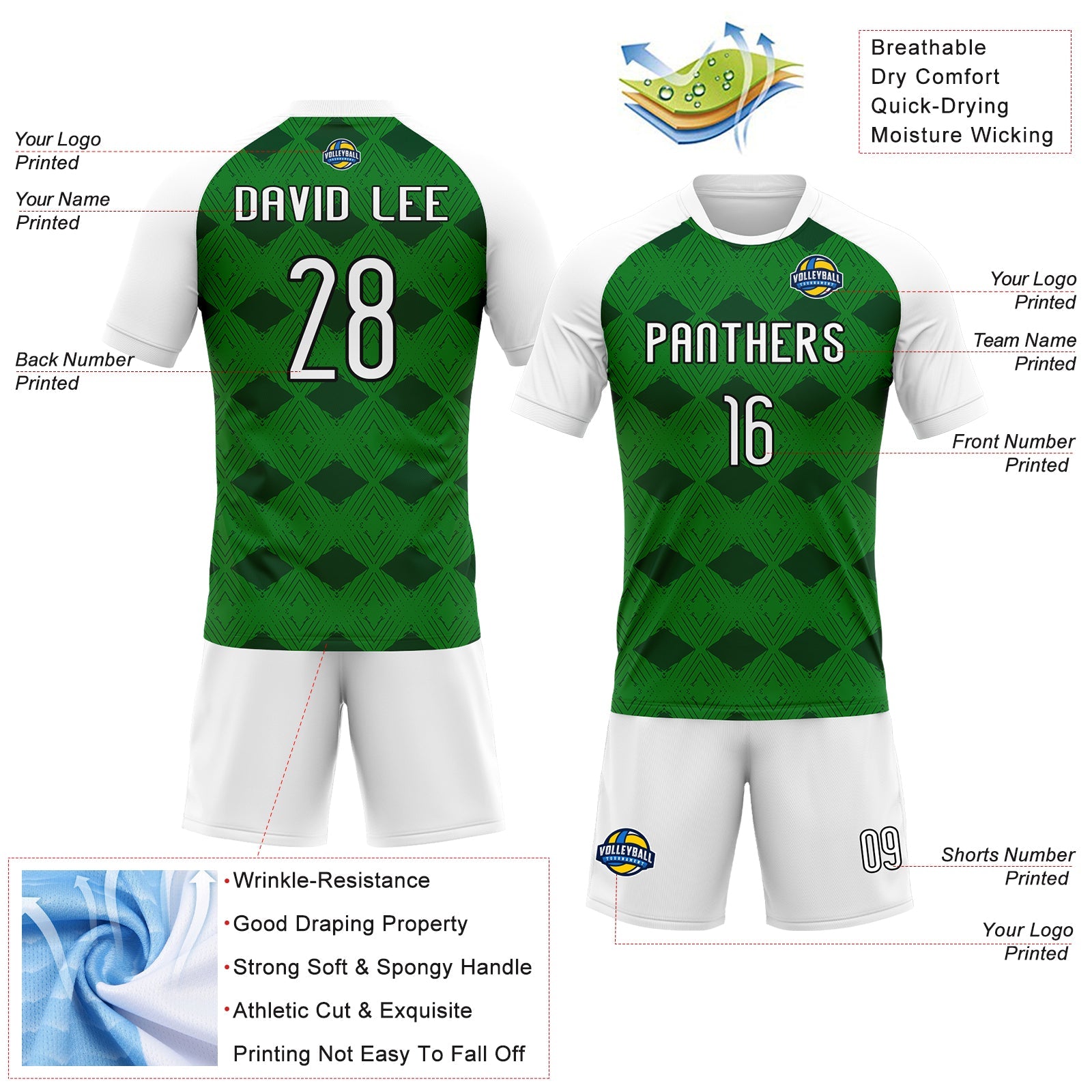 Custom Kelly Green White-Black Geometric Shape Sublimation Volleyball Uniform Jersey view 4