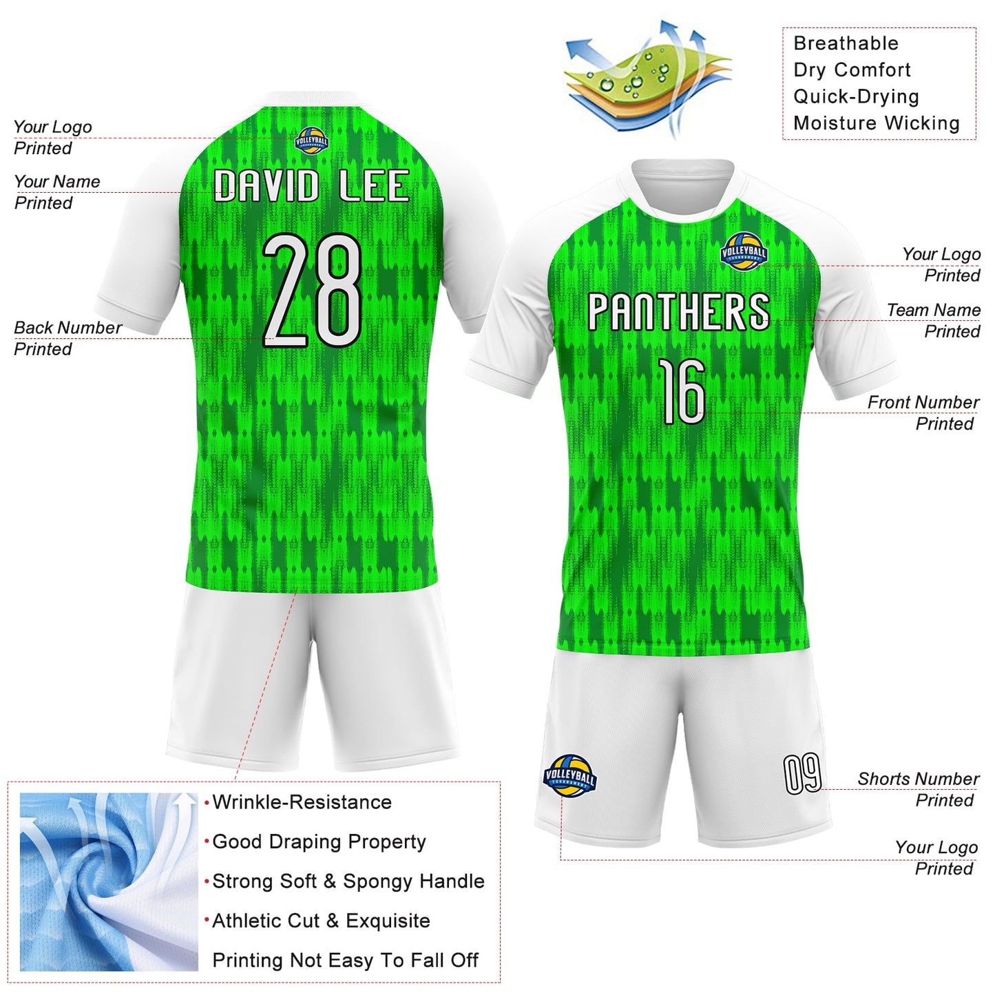 Custom Neon Green White-Black Abstract Shape Sublimation Volleyball Uniform Jersey view 4