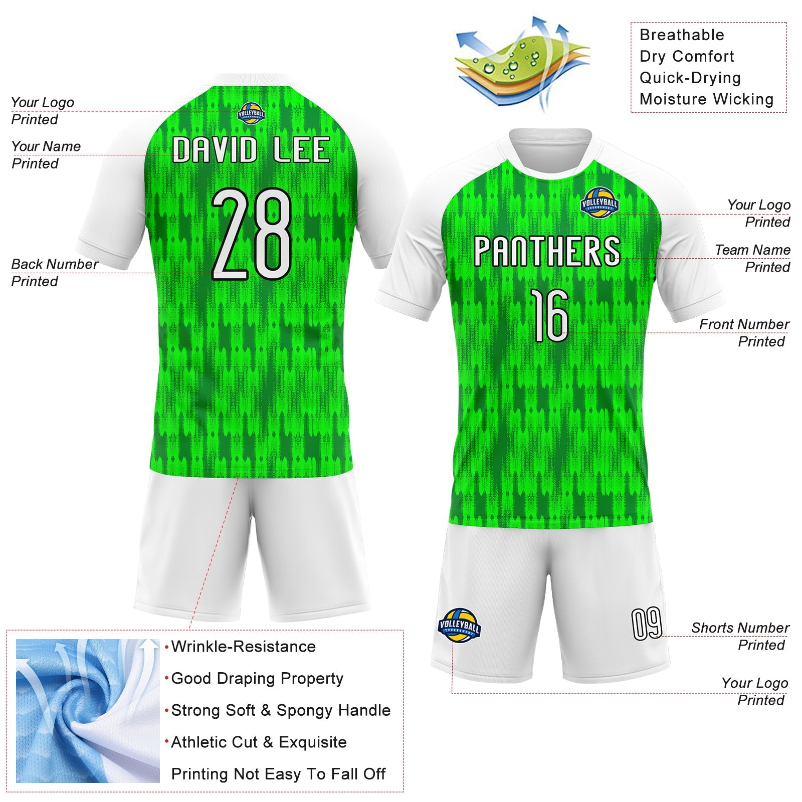 Custom Neon Green White-Black Abstract Shape Sublimation Volleyball Uniform Jersey view 4