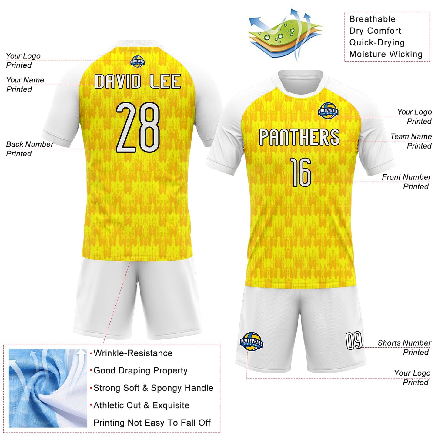 Custom Light Yellow White-Black Splash Sublimation Volleyball Uniform Jersey view 4