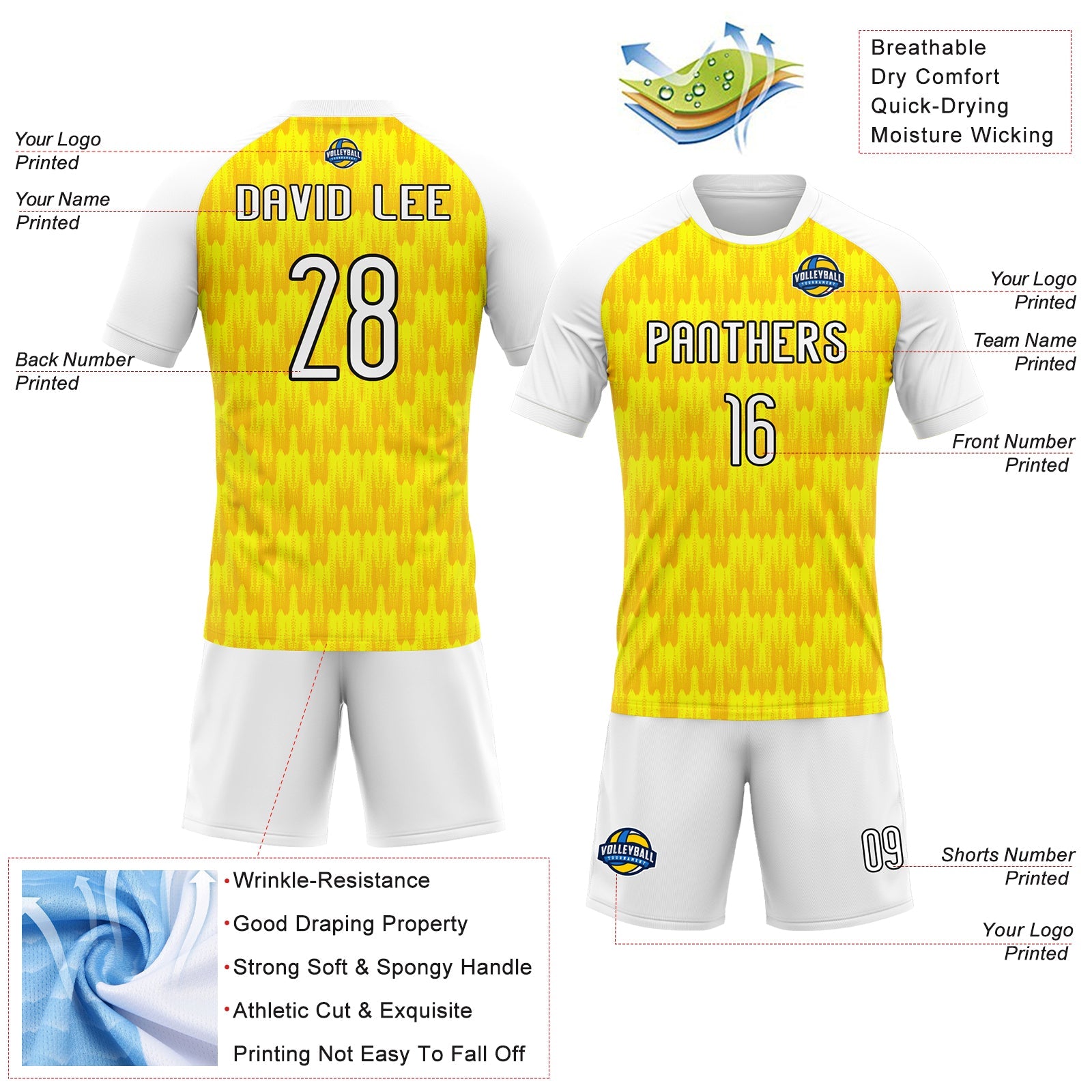 Custom Light Yellow White-Black Splash Sublimation Volleyball Uniform Jersey view 4