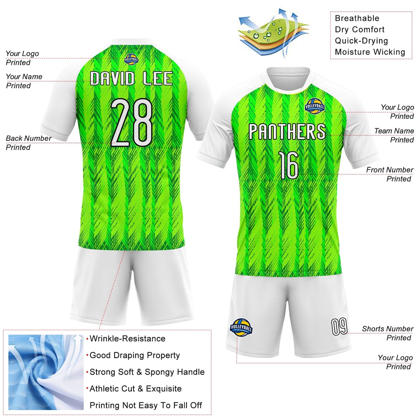 Custom Neon Green White-Black Geometric Shape Sublimation Volleyball Uniform Jersey view 4
